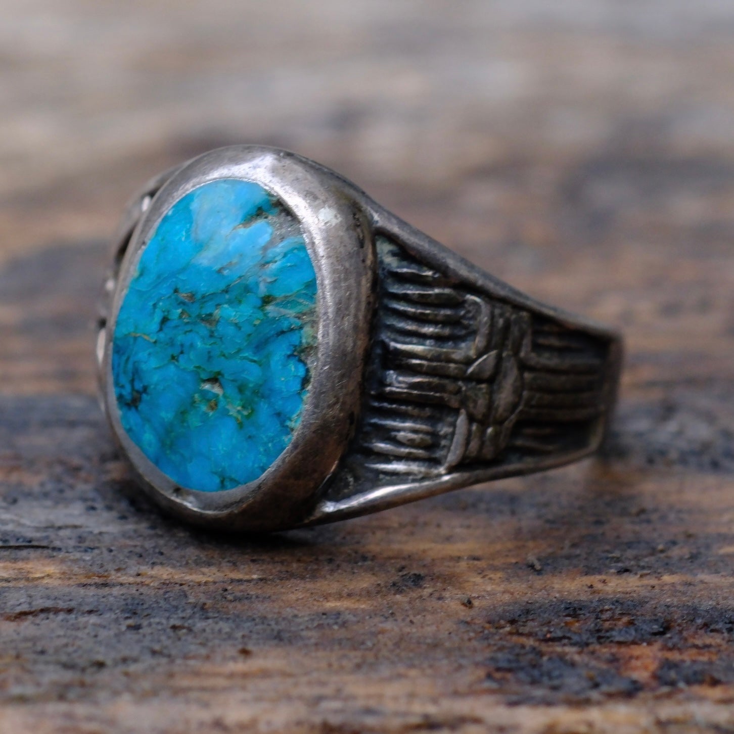 Vintage Sterling Turquoise Thunderbird and Zia Ring 9.75