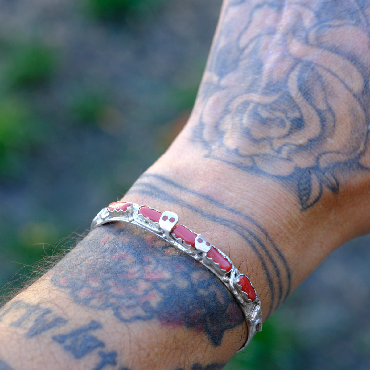 Vintage Sterling Coral Snake Cuff Bracelet