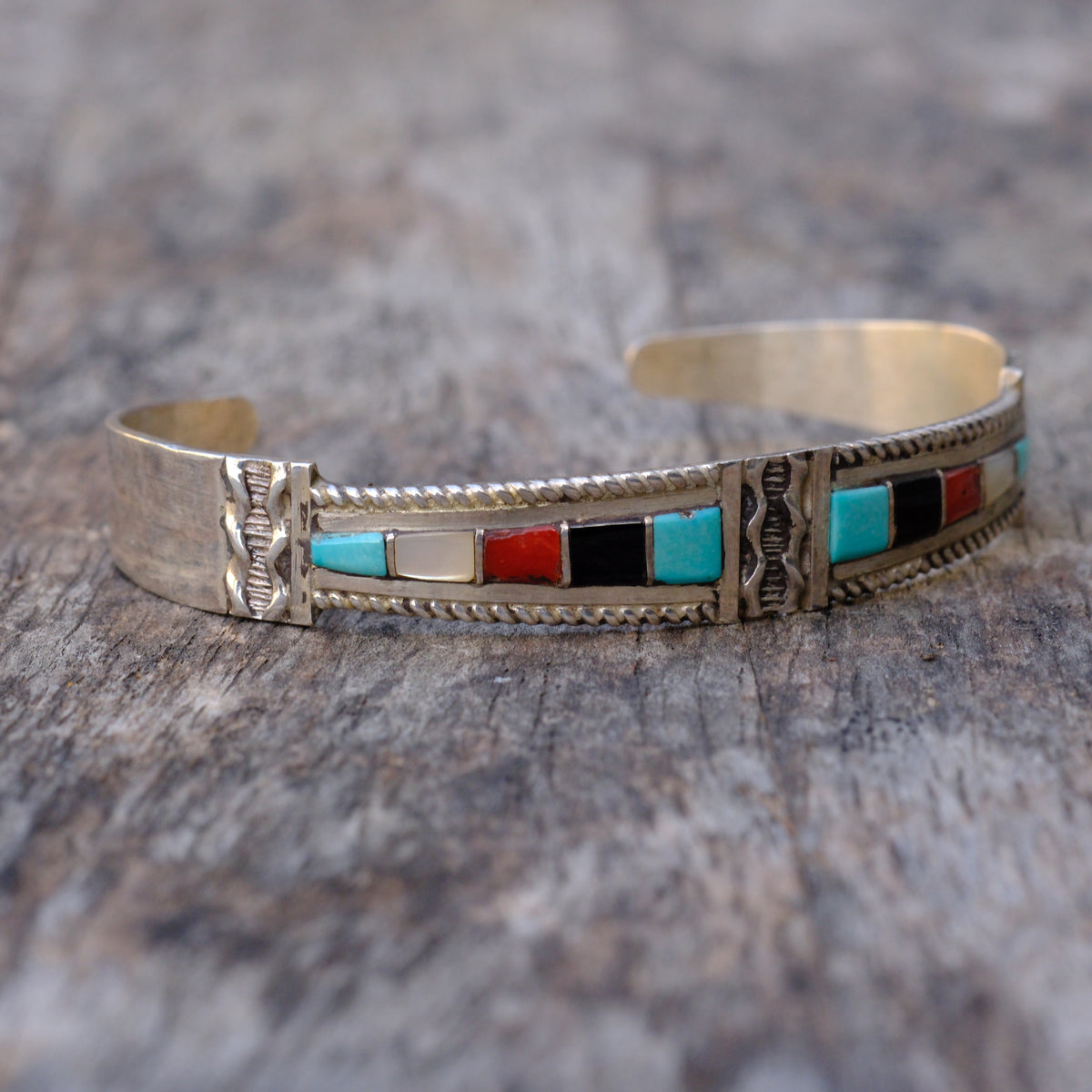 Vintage Sterling Multistone Inlay Cuff Bracelet
