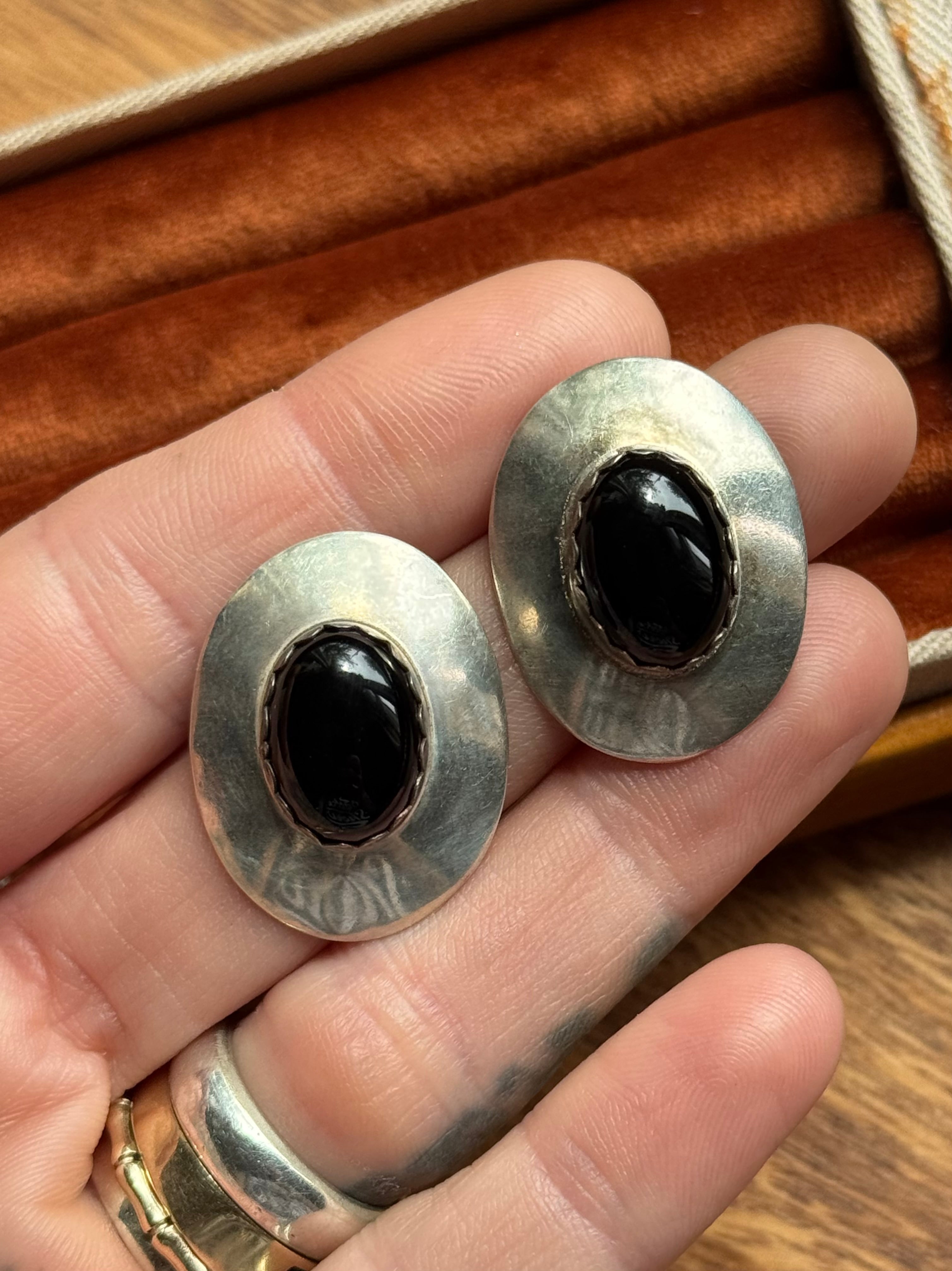 Vintage Sterling Silver Modernist Onyx Earrings