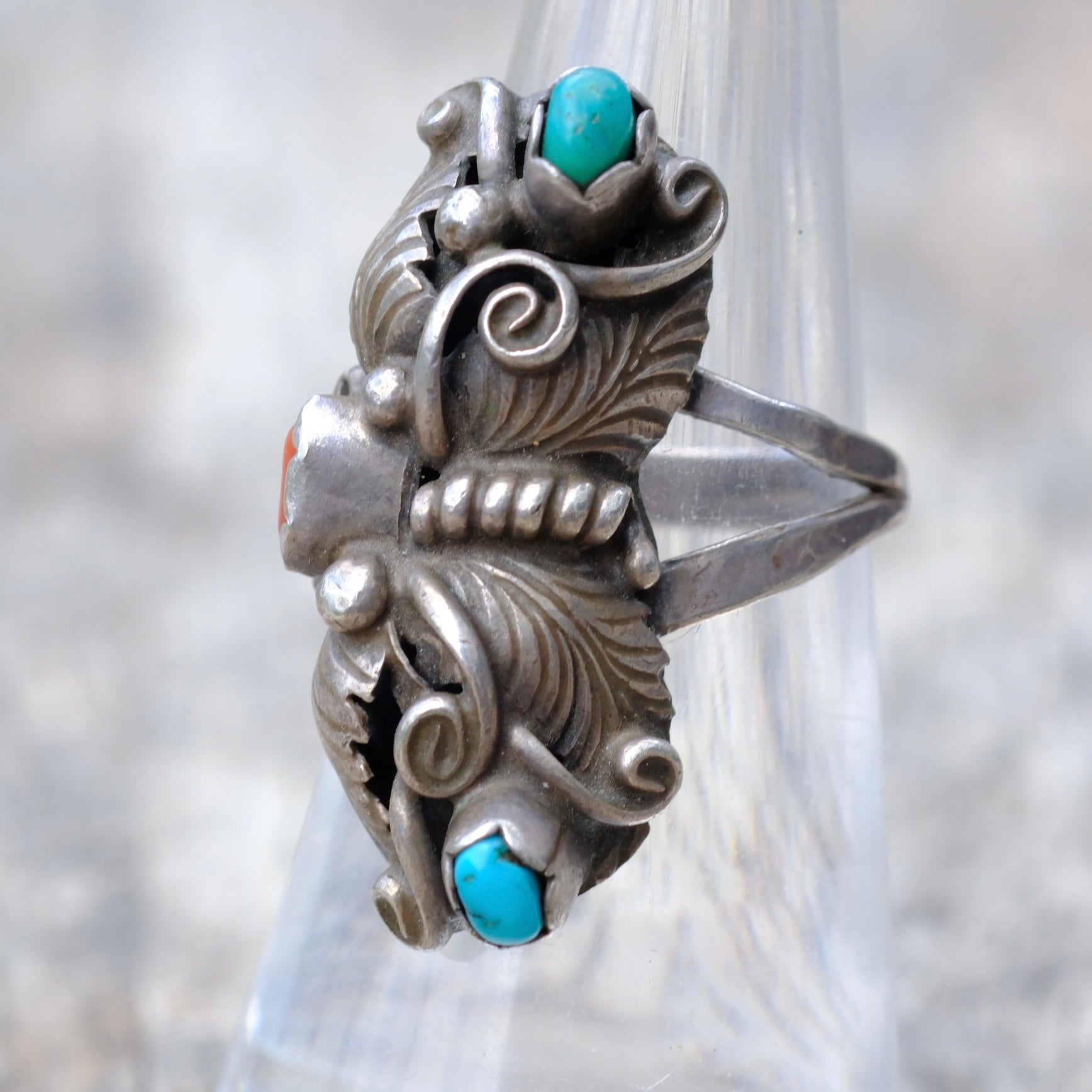 Vintage Sterling Silver Coral & Turquoise Leaf Ring 6.5