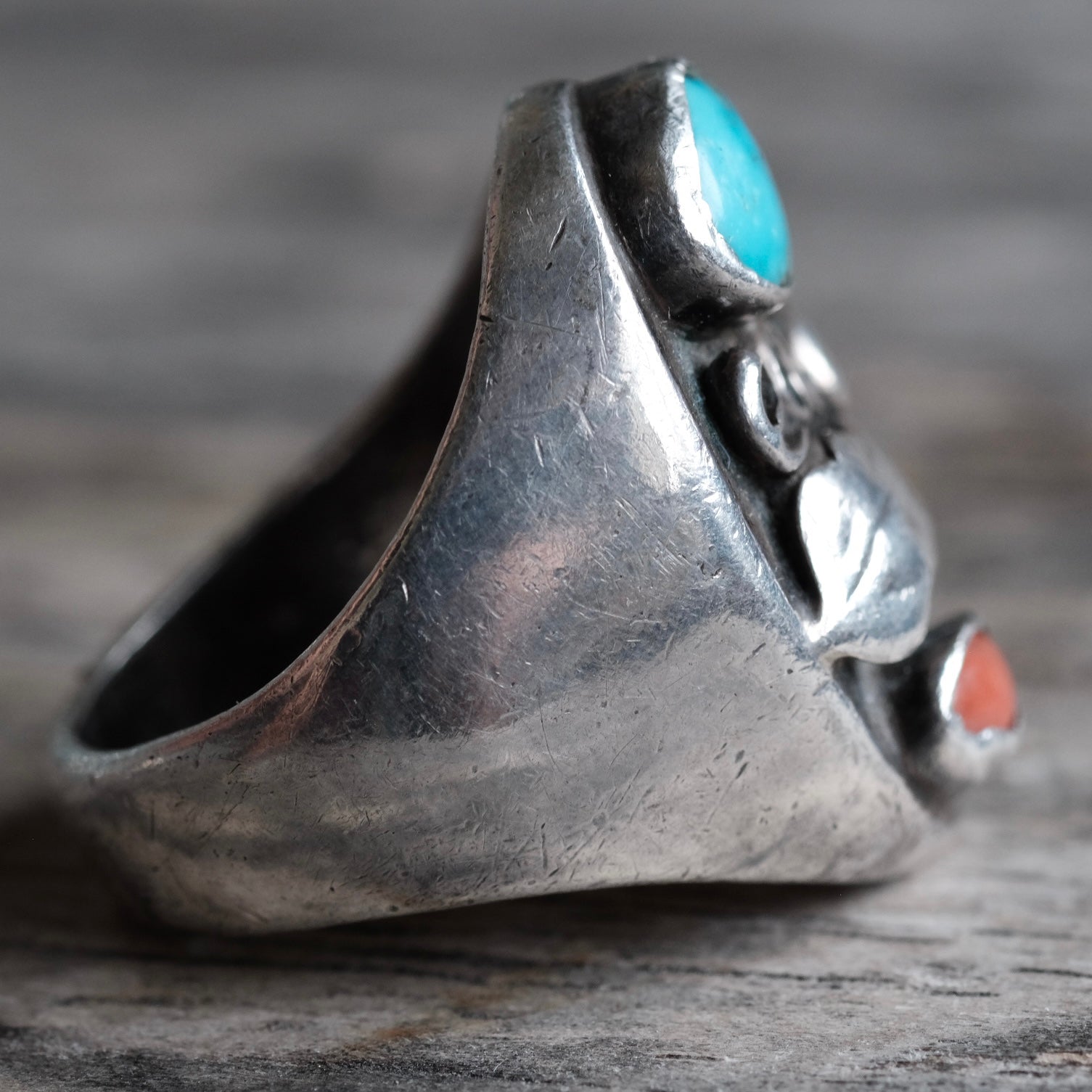 Vintage Sterling Turquoise and Coral Feather Ring 9
