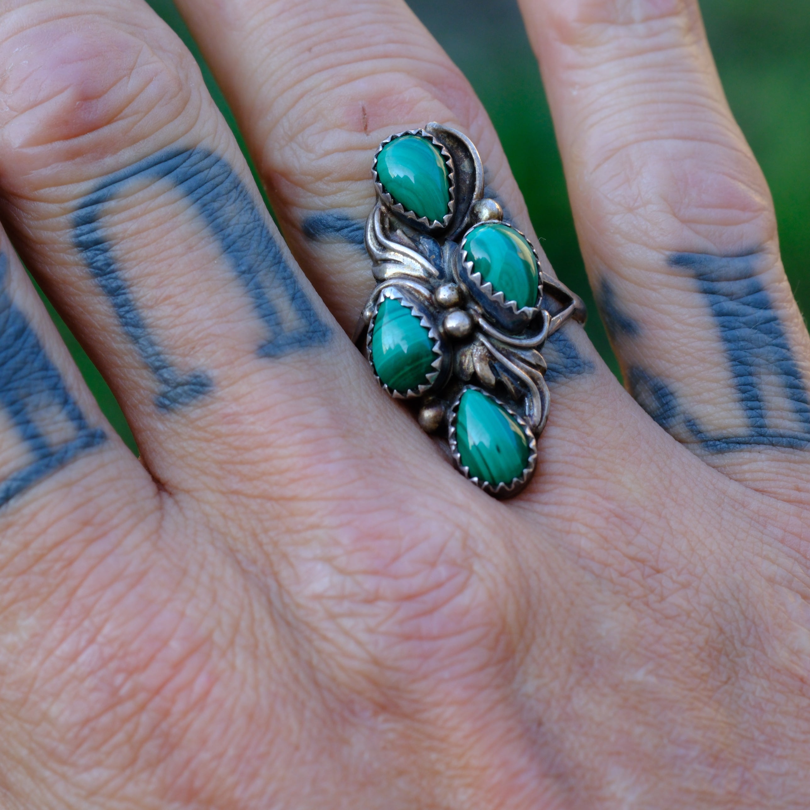 Vintage Sterling 4-Stone Malachite Feather Ring 8.75