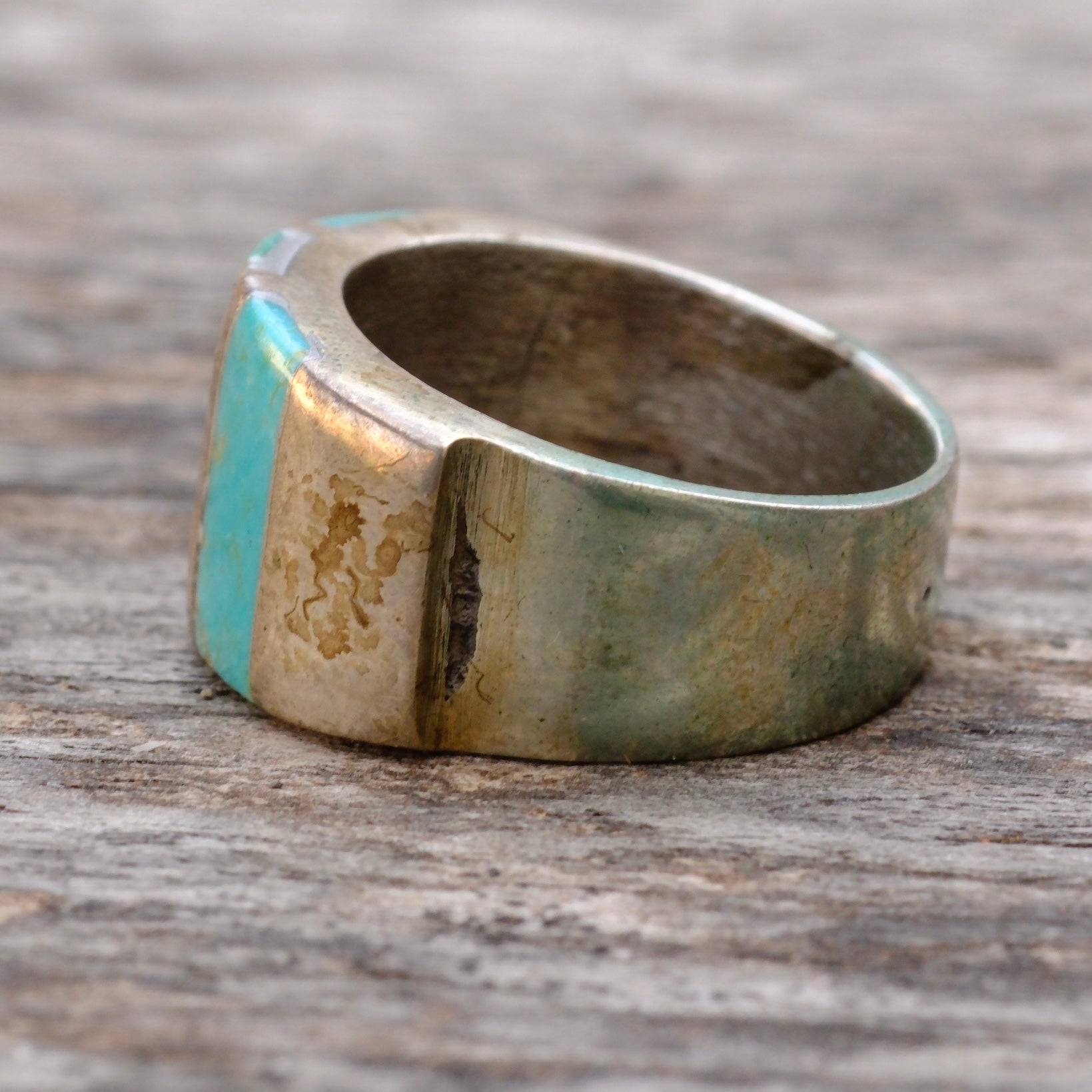 Vintage Sterling Thick Turquoise Inlay Band Ring 8