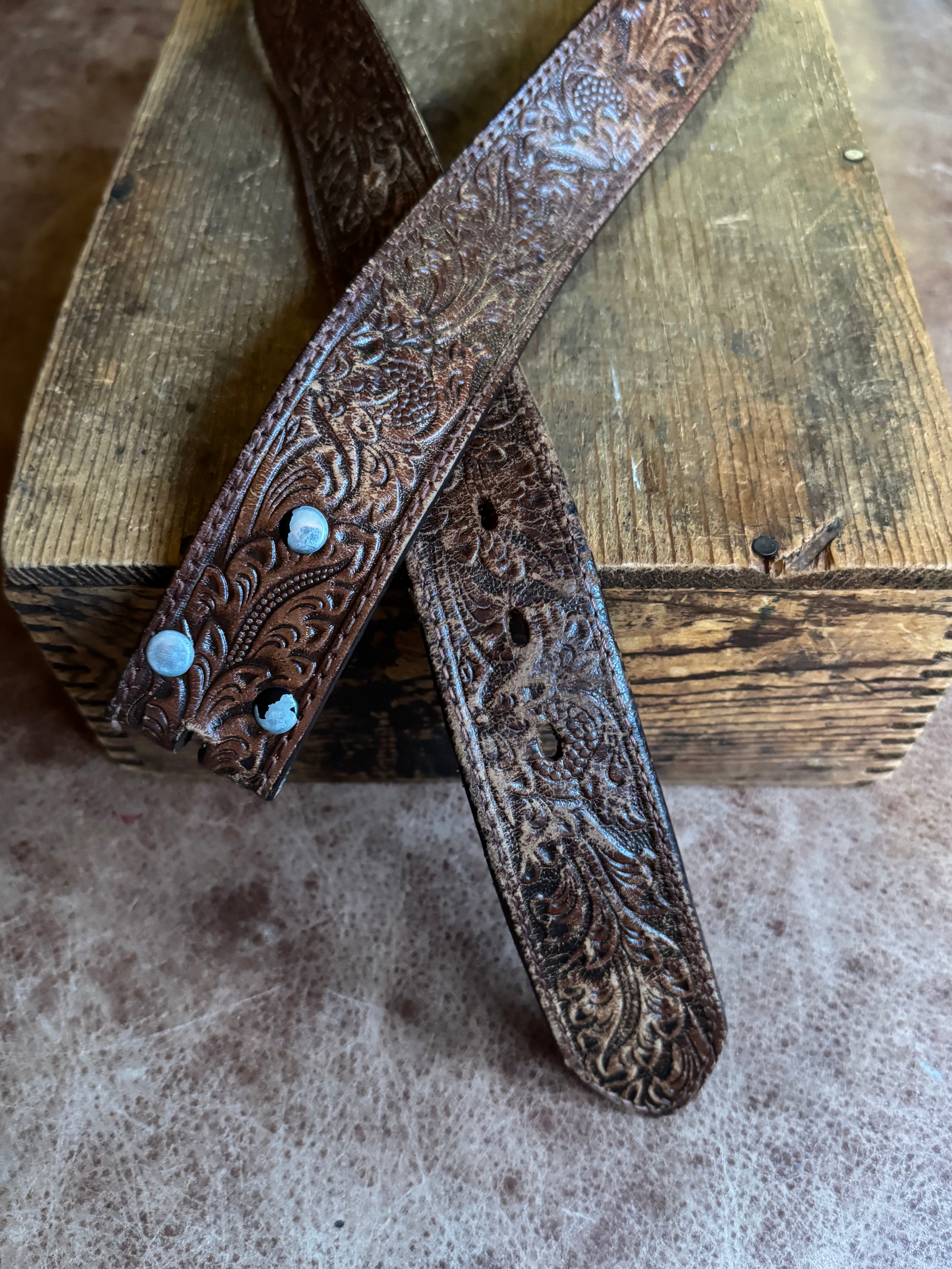Vintage Cognac Leaf Tooled Leather Belt