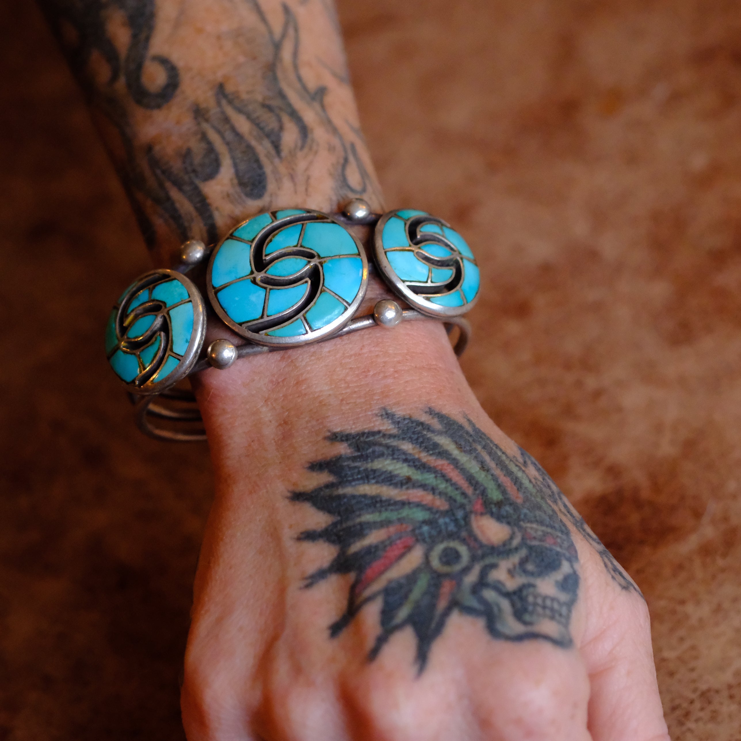 Vintage Sterling Triple Hummingbird Inlay Turquoise Cuff Bracelet