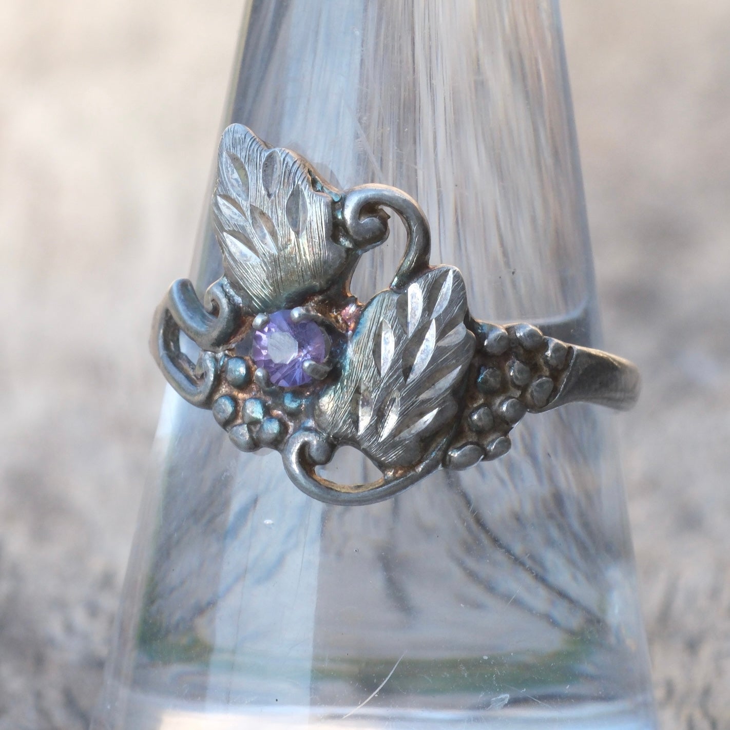 Vintage Sterling Silver Amethyst Leaf Ring 9