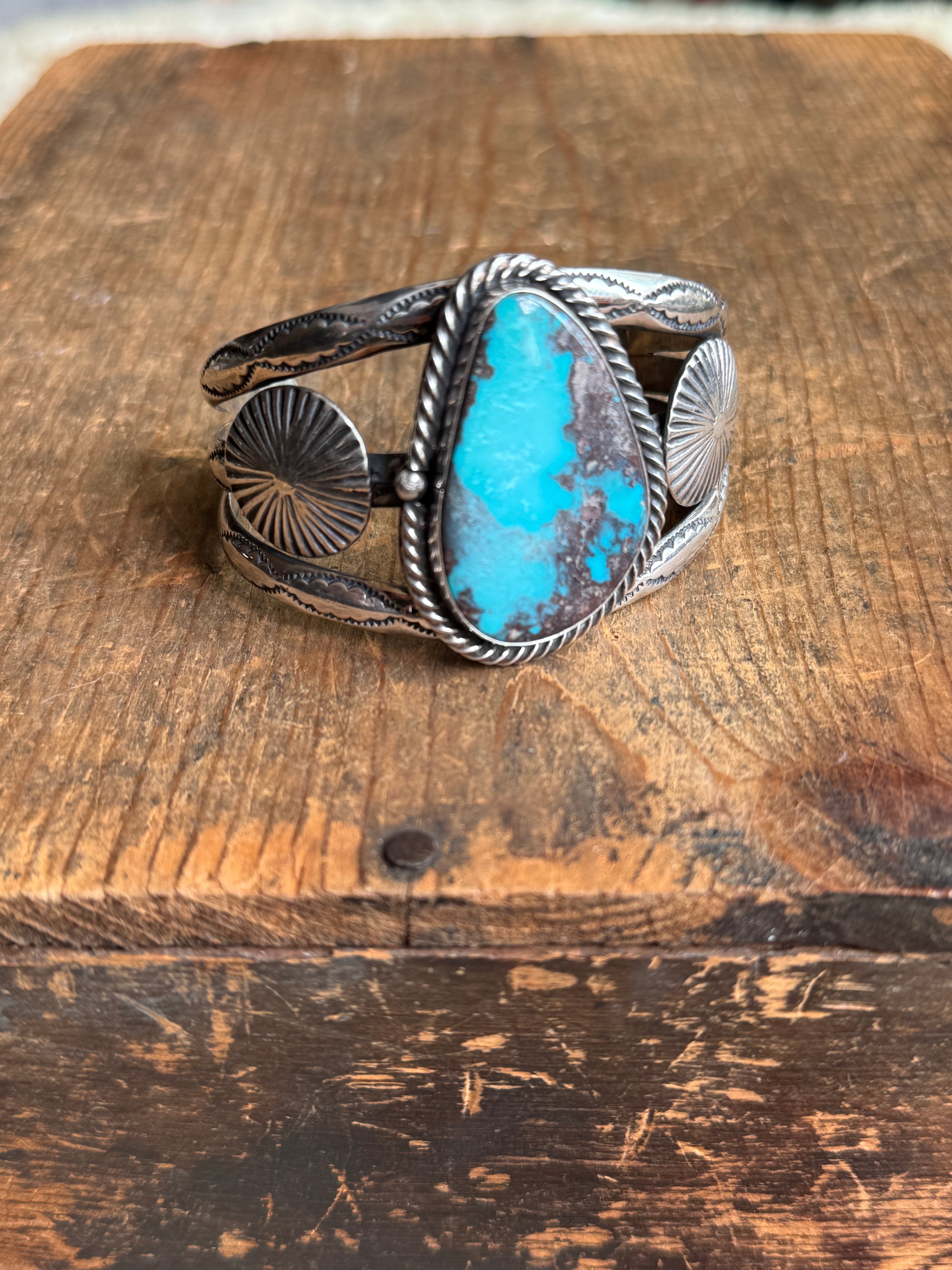 Vintage Sterling Silver Stamped Turquoise Sun Coin Cuff
