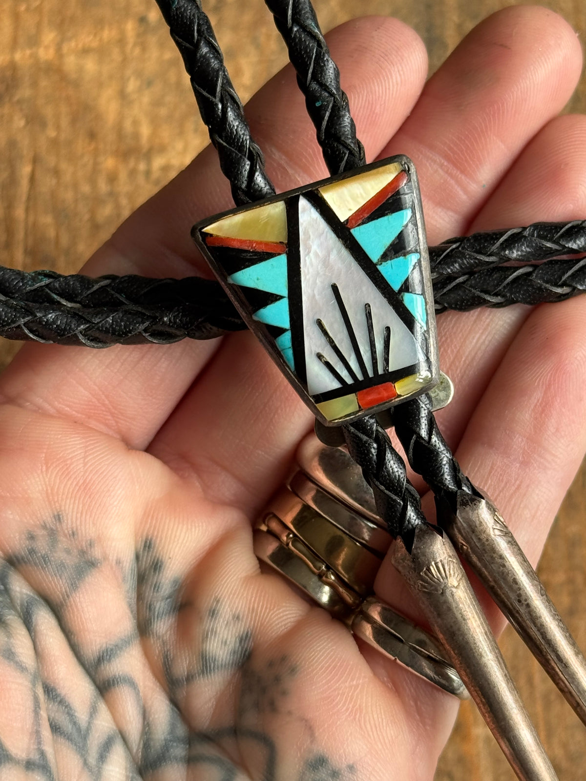 Vintage Sterling Silver Multistone Inlay Shield Bolo