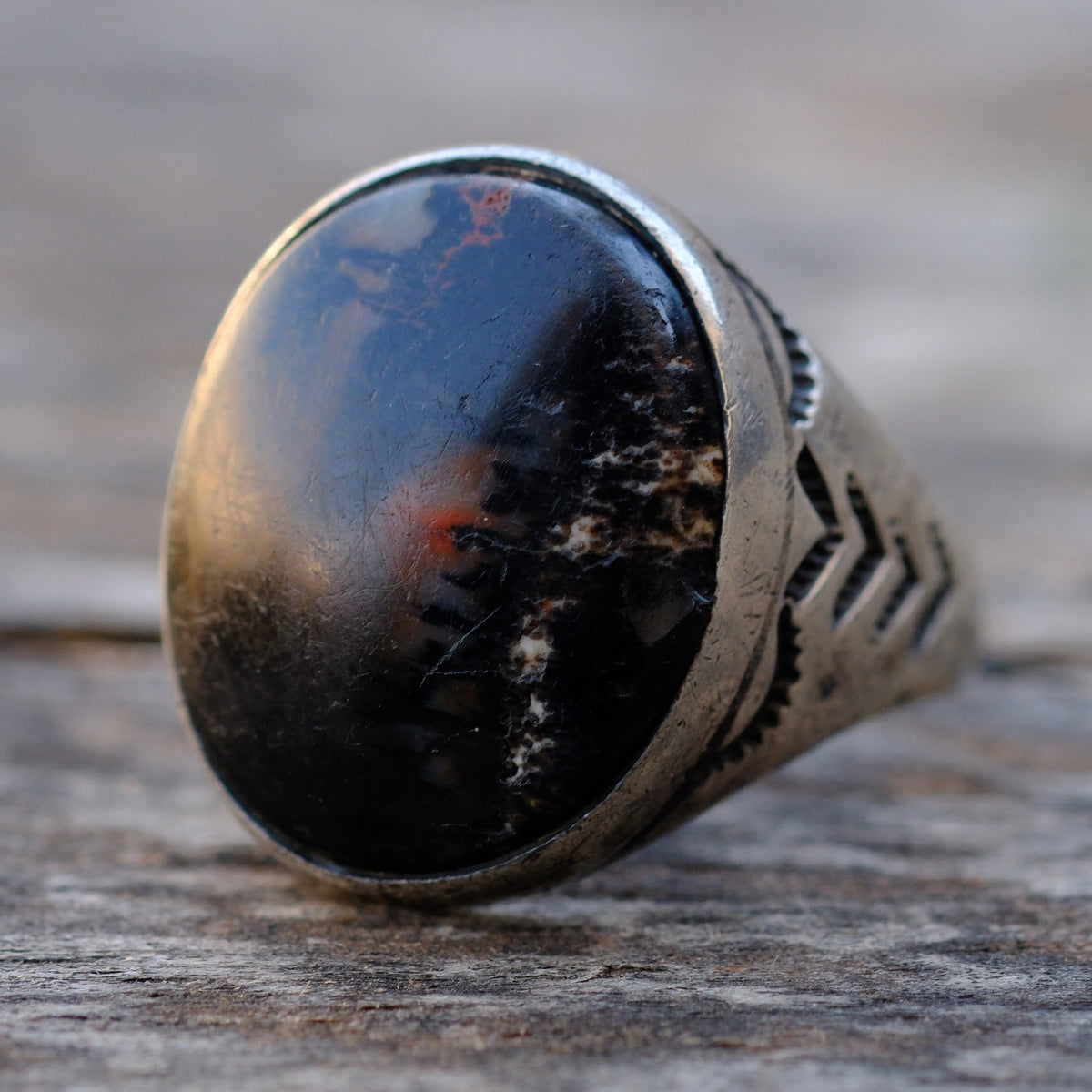 Vintage Sterling Petrified Wood Stamped Band Ring 10.5