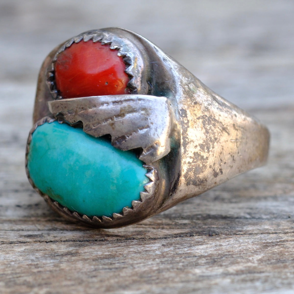Vintage Sterling Turquoise and Coral Feather Ring 9