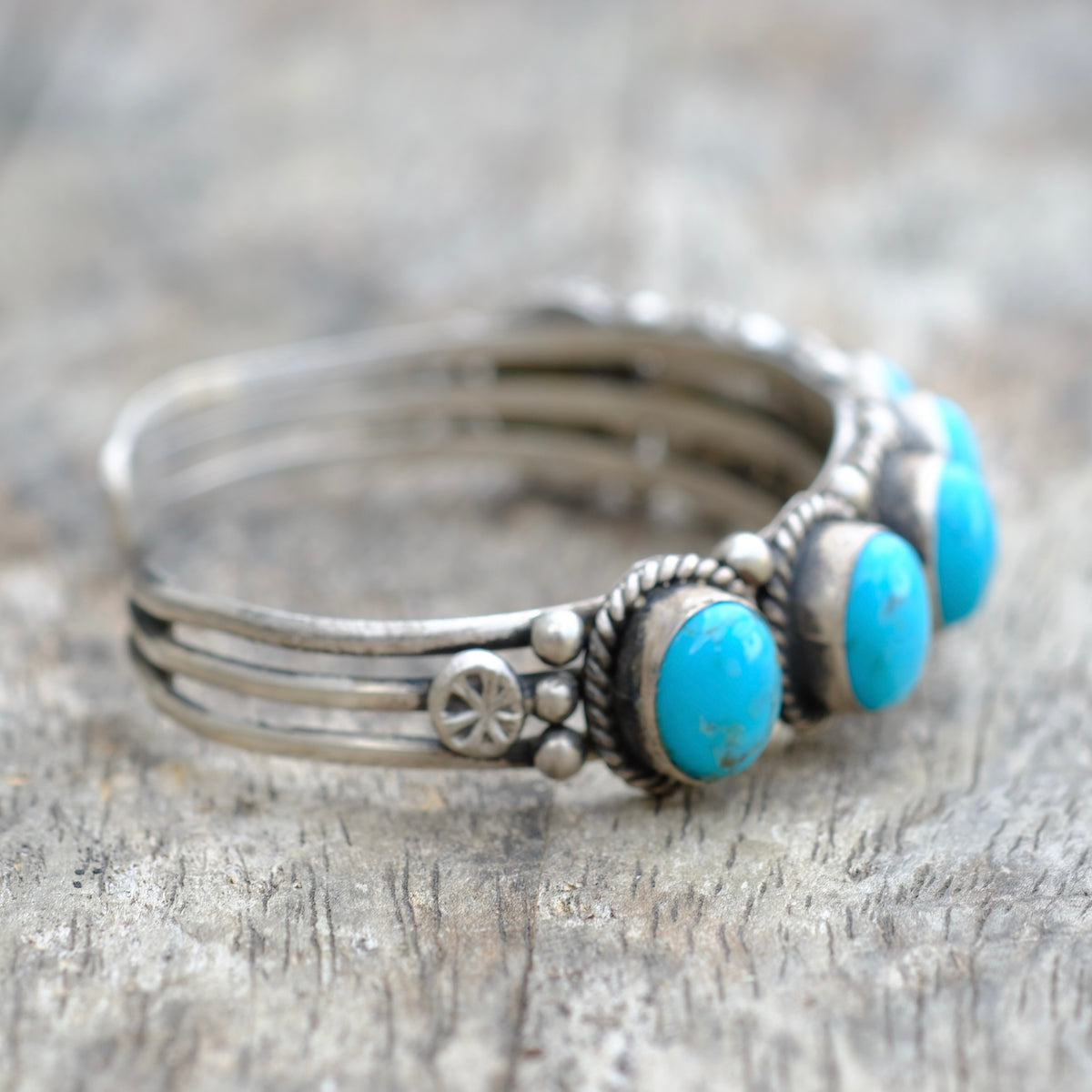 Vintage Sterling 7-Stone Turquoise Cuff Bracelet Running Bear