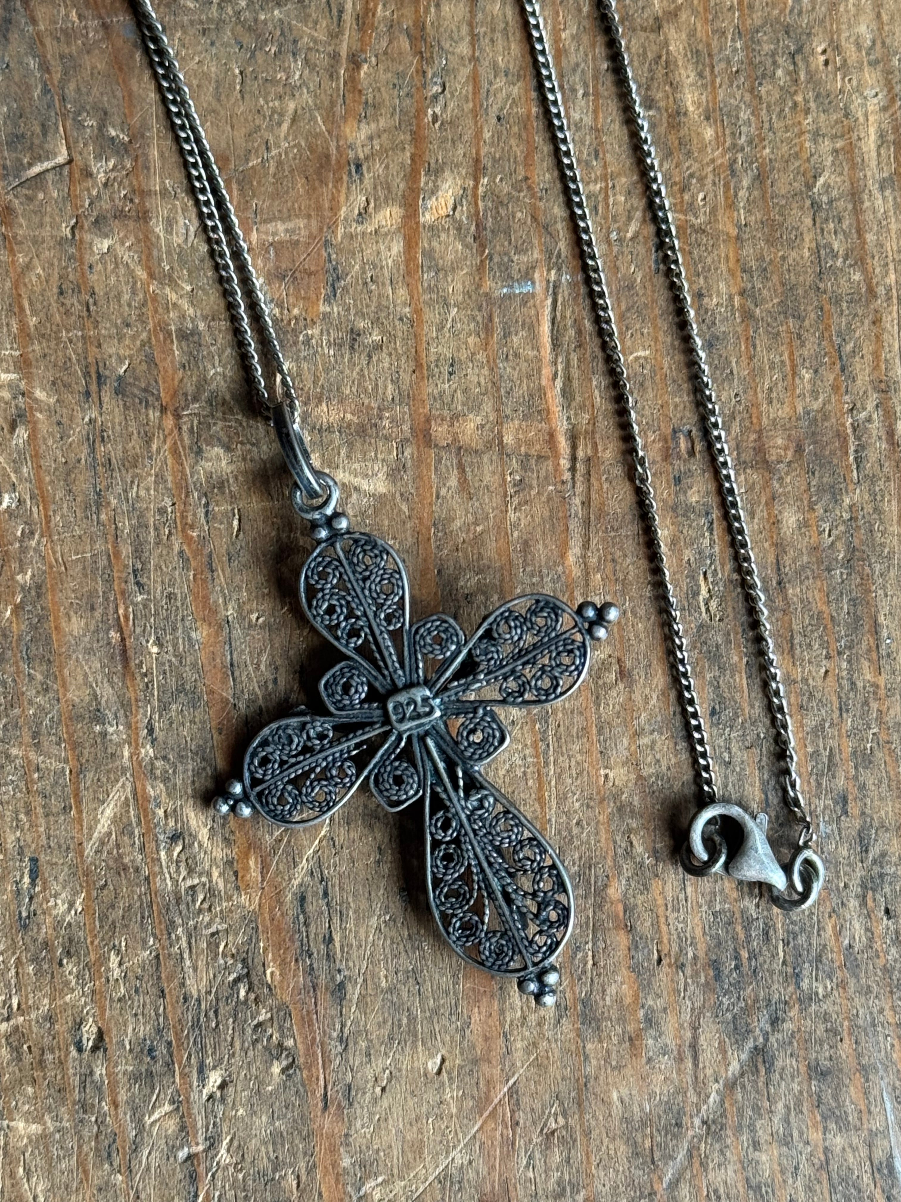 Vintage Sterling Silver Filigree Cross 30" Necklace