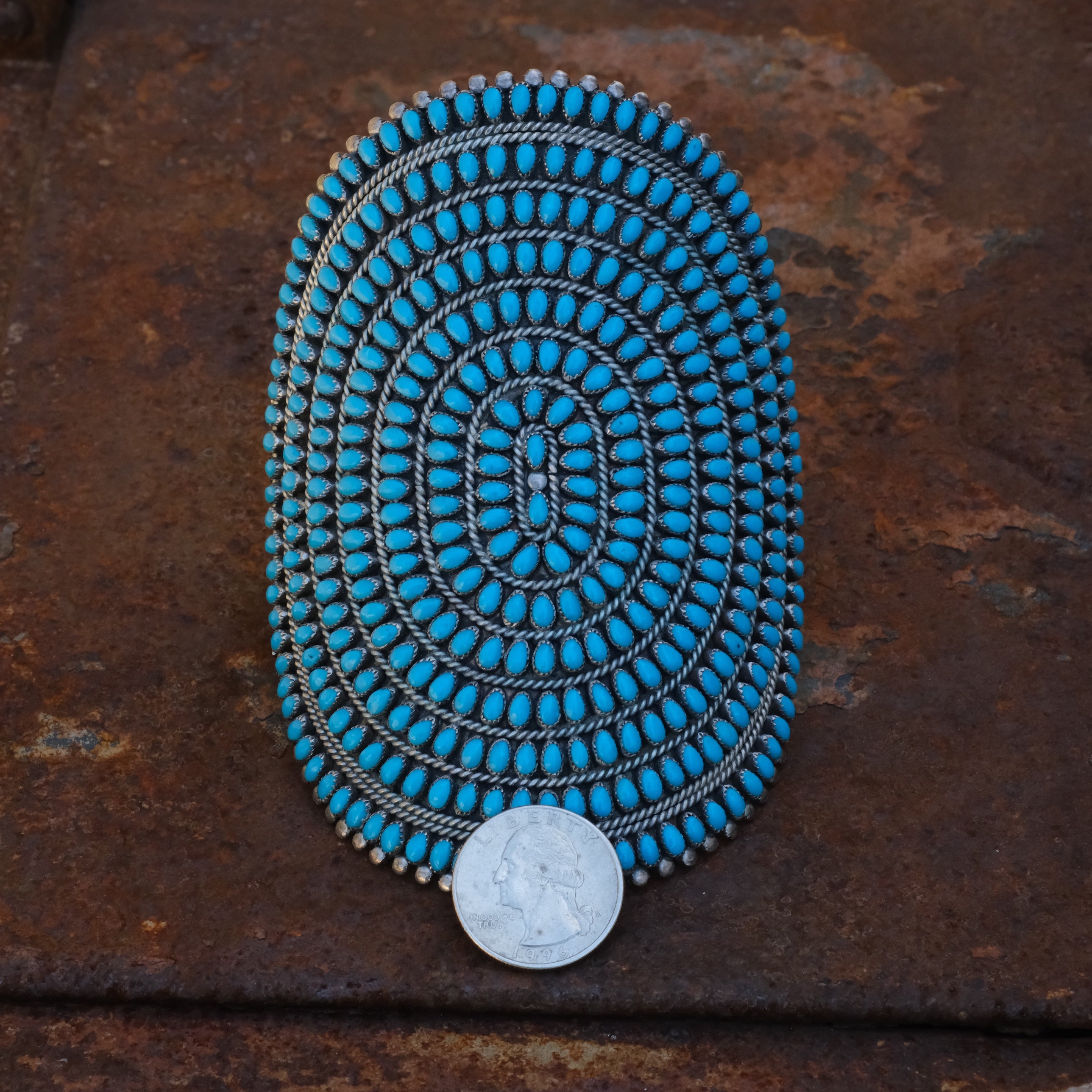 MASSIVE Vintage Sterling Turquoise Inlay Cluster Cuff Bracelet