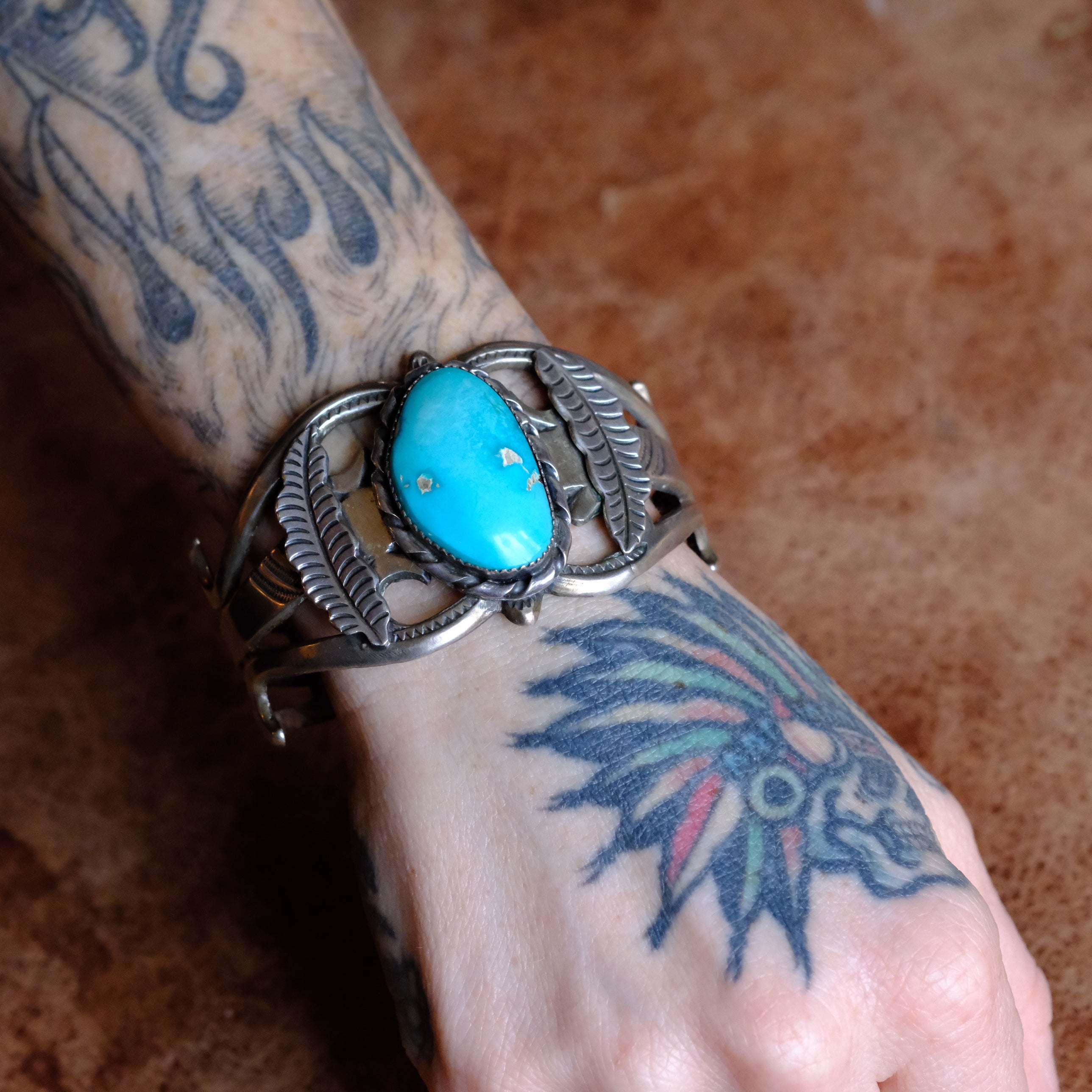 Vintage Sterling Turquoise Sandcast Cuff Bracelet