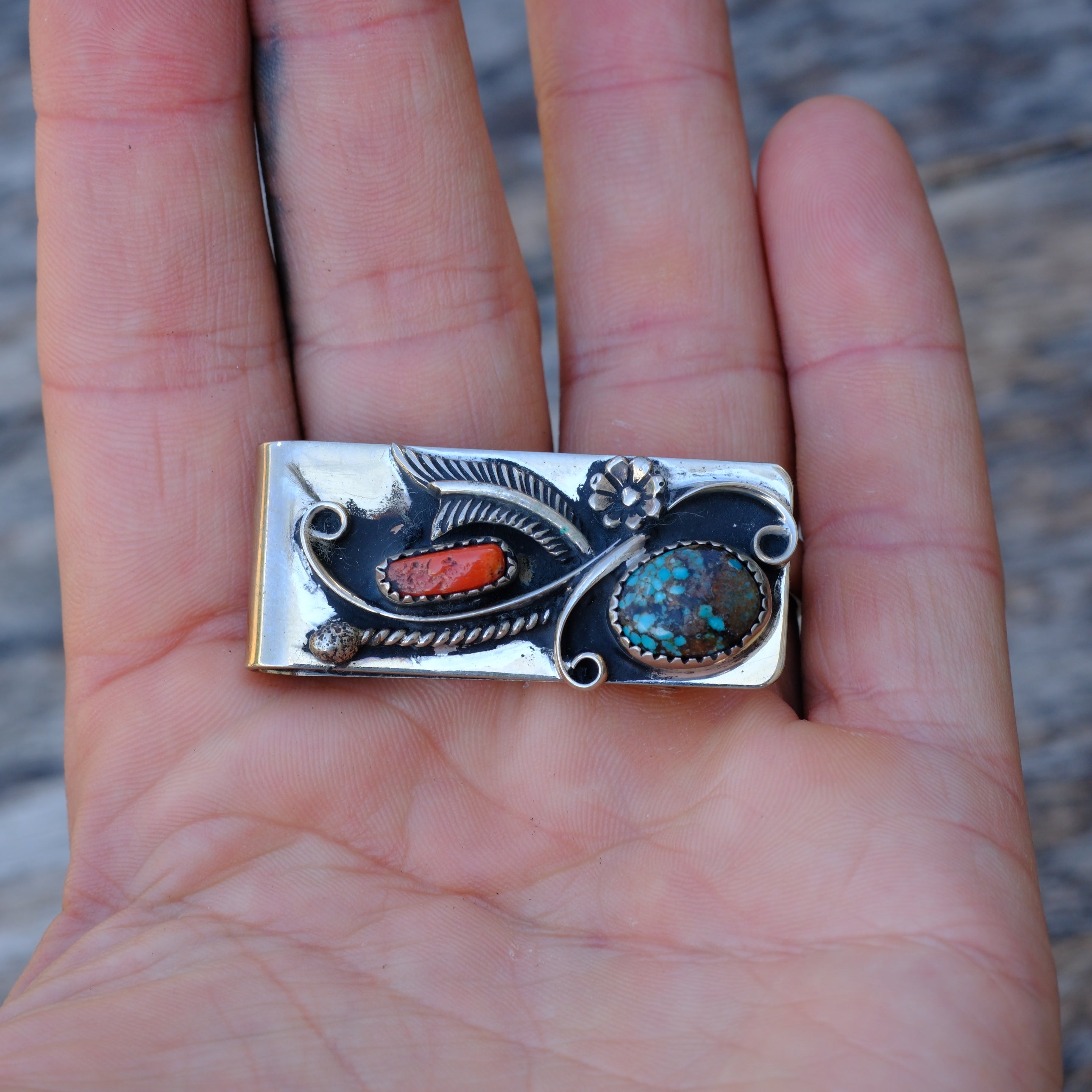 Vintage Turquoise and Coral Feather Money Clip
