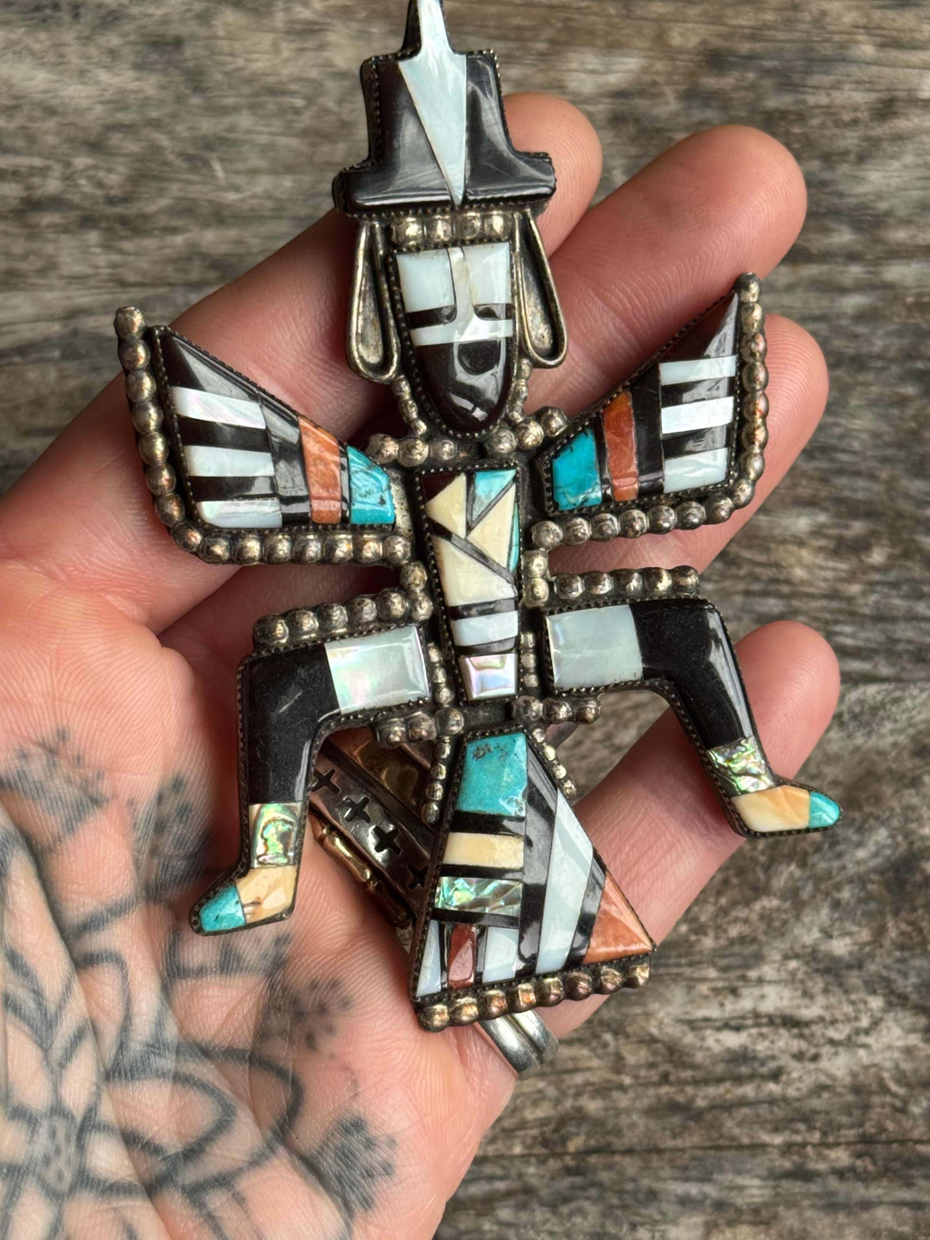 MASSIVE Vintage Sterling Silver Multistone Inlay Kachina Pin