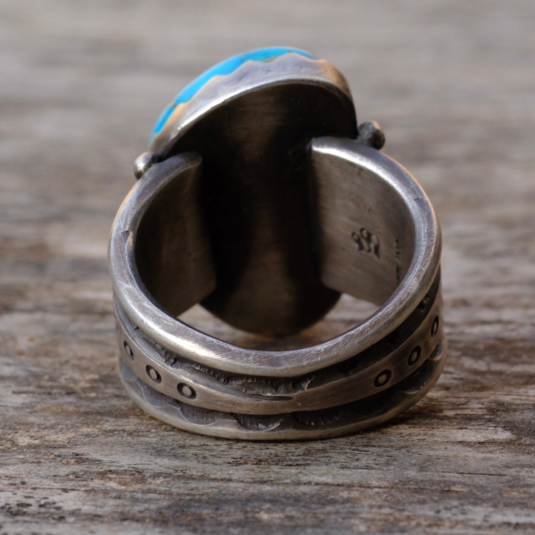 Heavy Ingot Sterling Silver Stamped Band Turquoise Ring 7.75