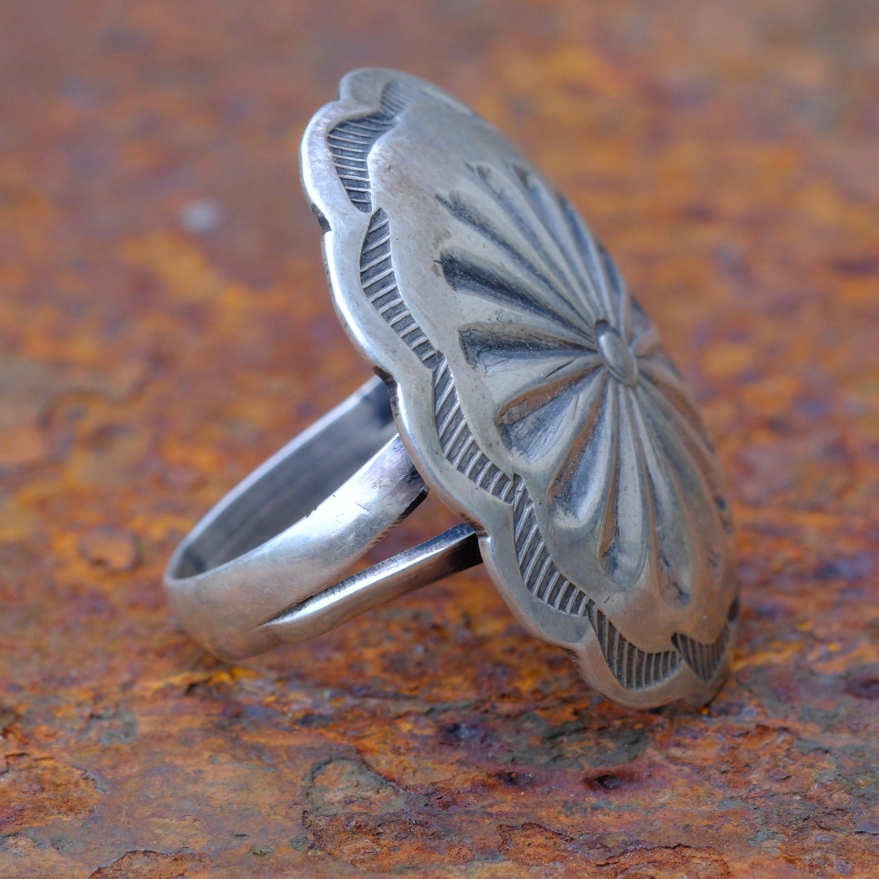 Vintage Sterling Stamped Concho Ring 8.75
