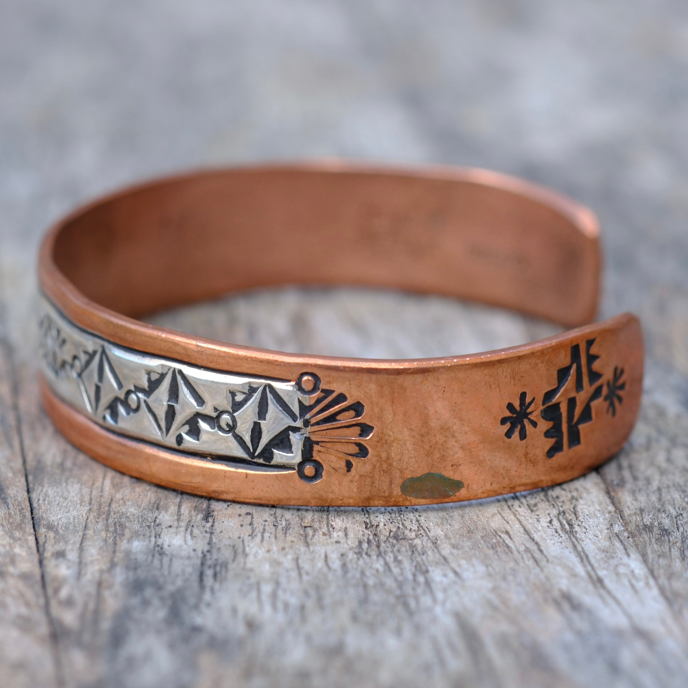 Vintage Sterling Copper and Sterling Silver Stamped Cuff Bracelet