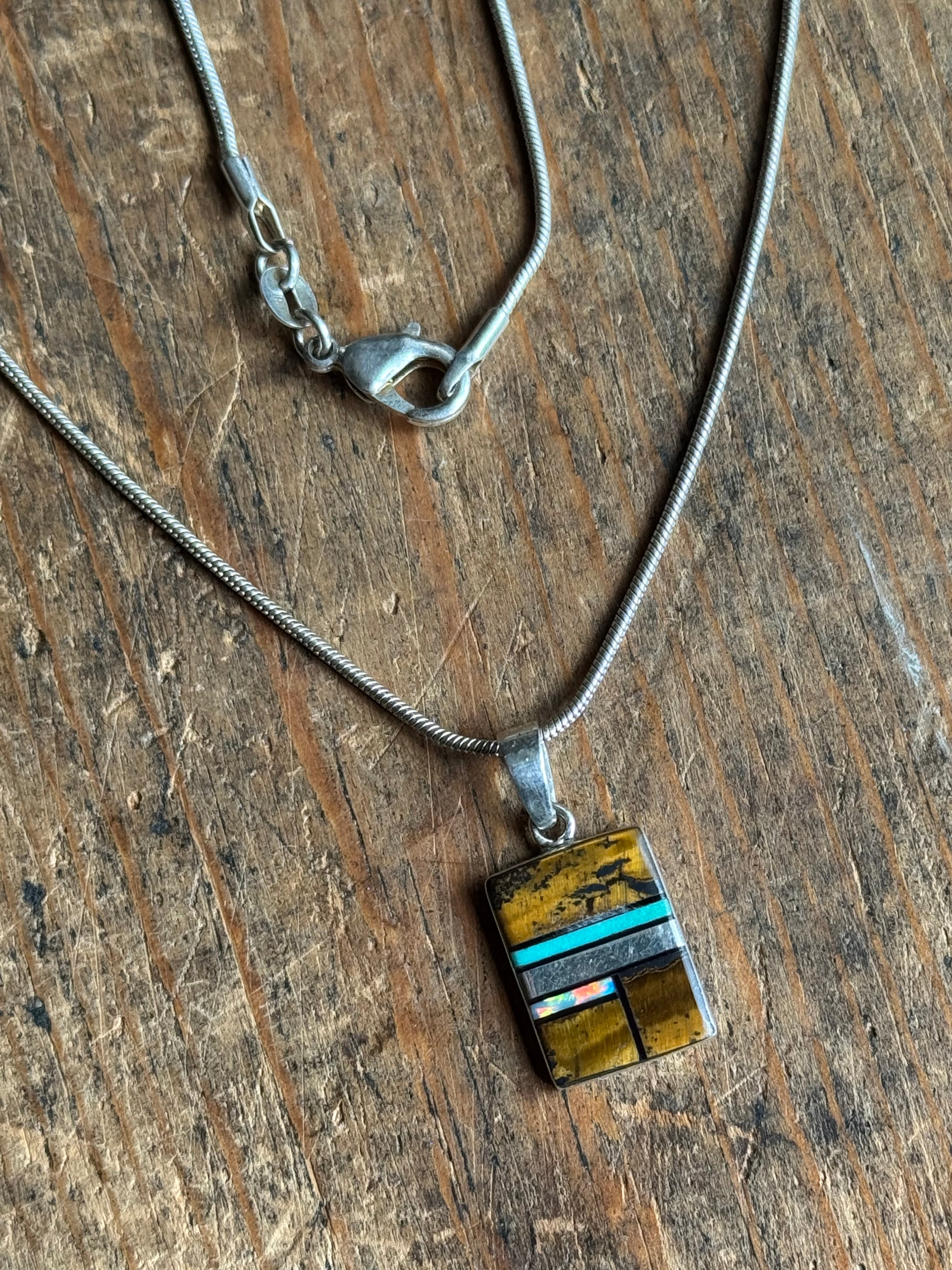 Vintage Sterling Silver Multistone Inlay Square 20" Necklace