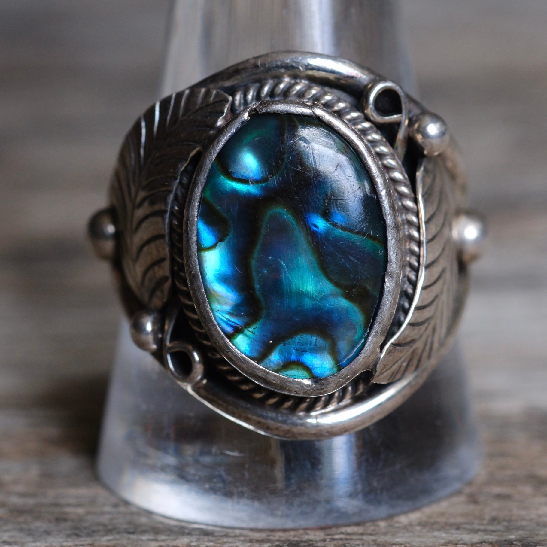 Vintage Sterling Blue Abalone Feather Ring 11.5