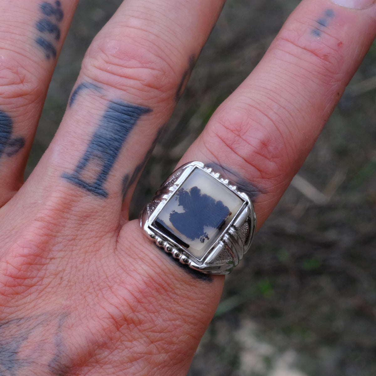 Vintage Sterling Agate Signet Ring 9