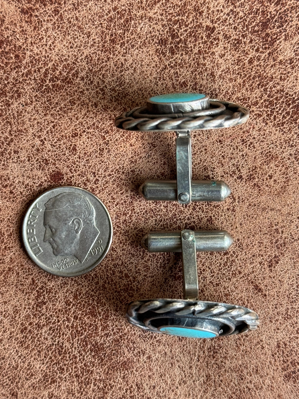 Vintage Sterling Silver Roped Turquoise Shadowbox Cufflinks
