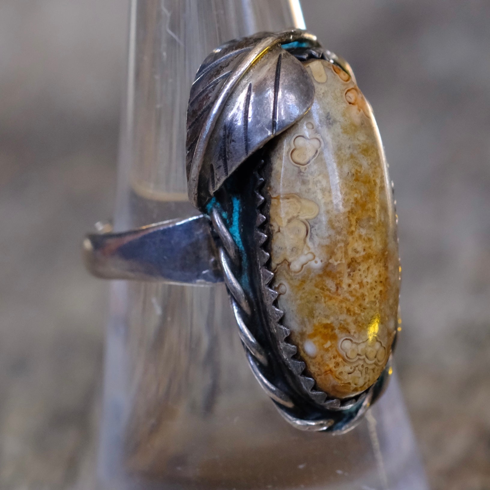 Vintage Sterling Jasper Feather Ring 7