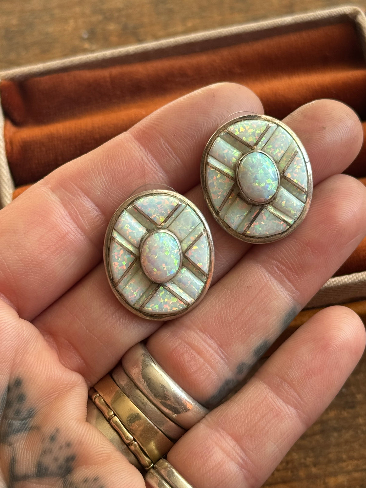 Vintage Sterling Silver Galaxy Opal Inlay Earrings