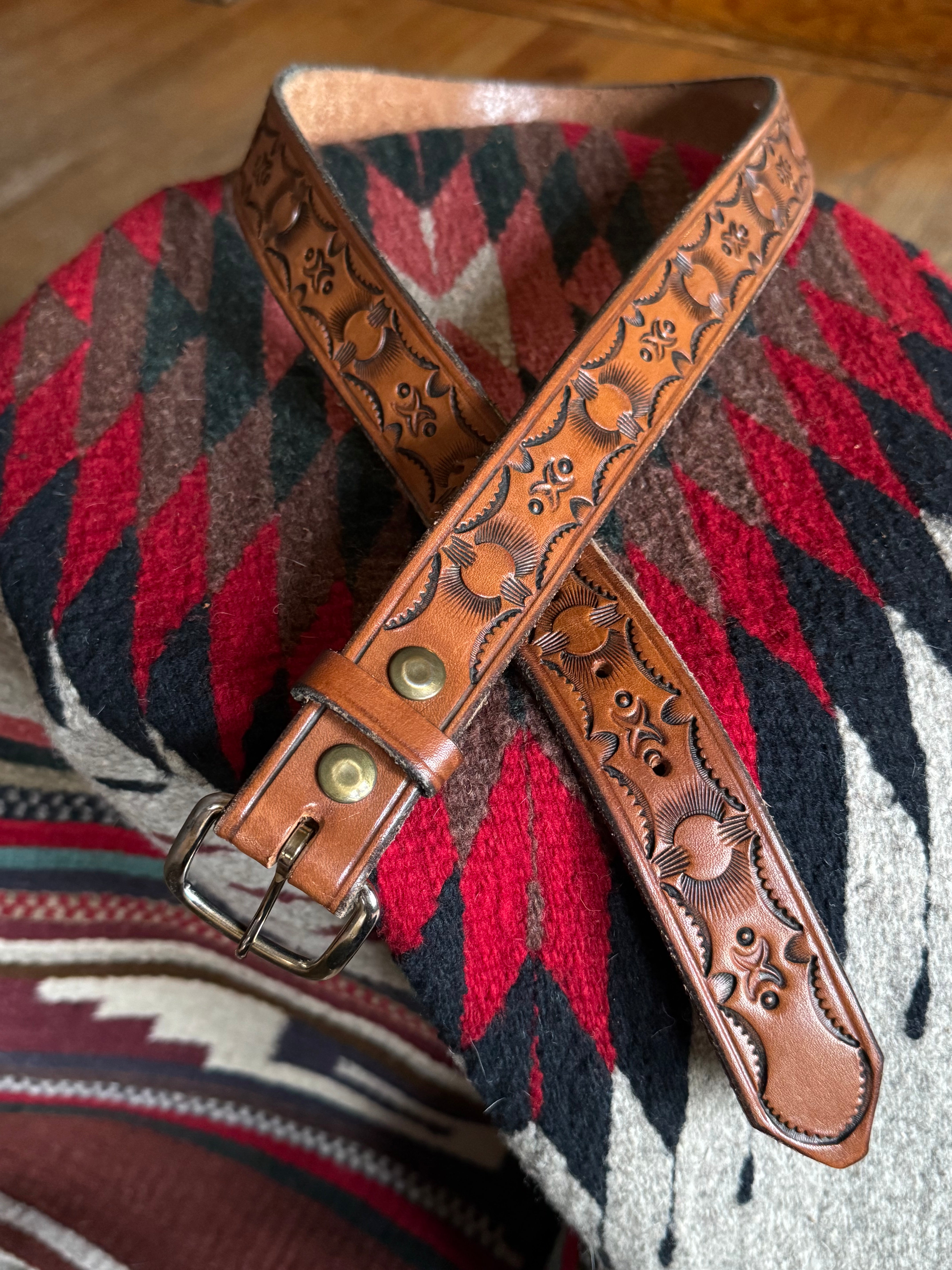 Vintage Hand Tooled Brown Leather Sun Stamped Belt