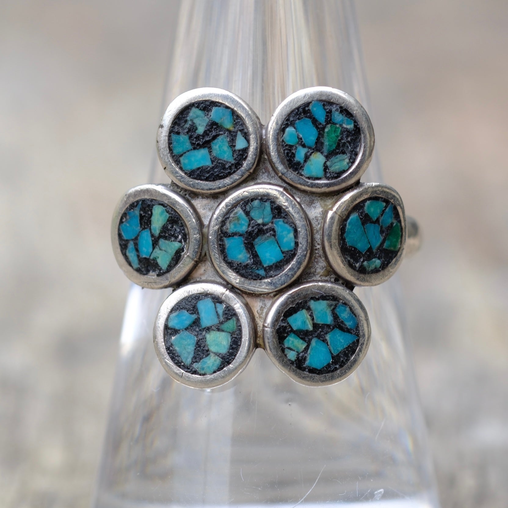 Vintage Sterling Turquoise Chip Inlay Cluster Ring 7.5