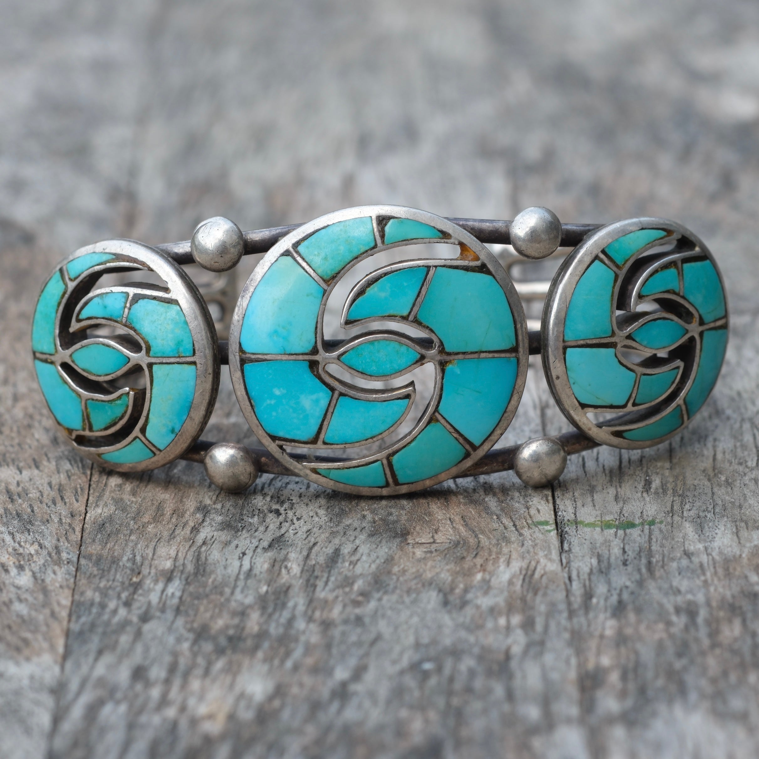 Vintage Sterling Triple Hummingbird Inlay Turquoise Cuff Bracelet