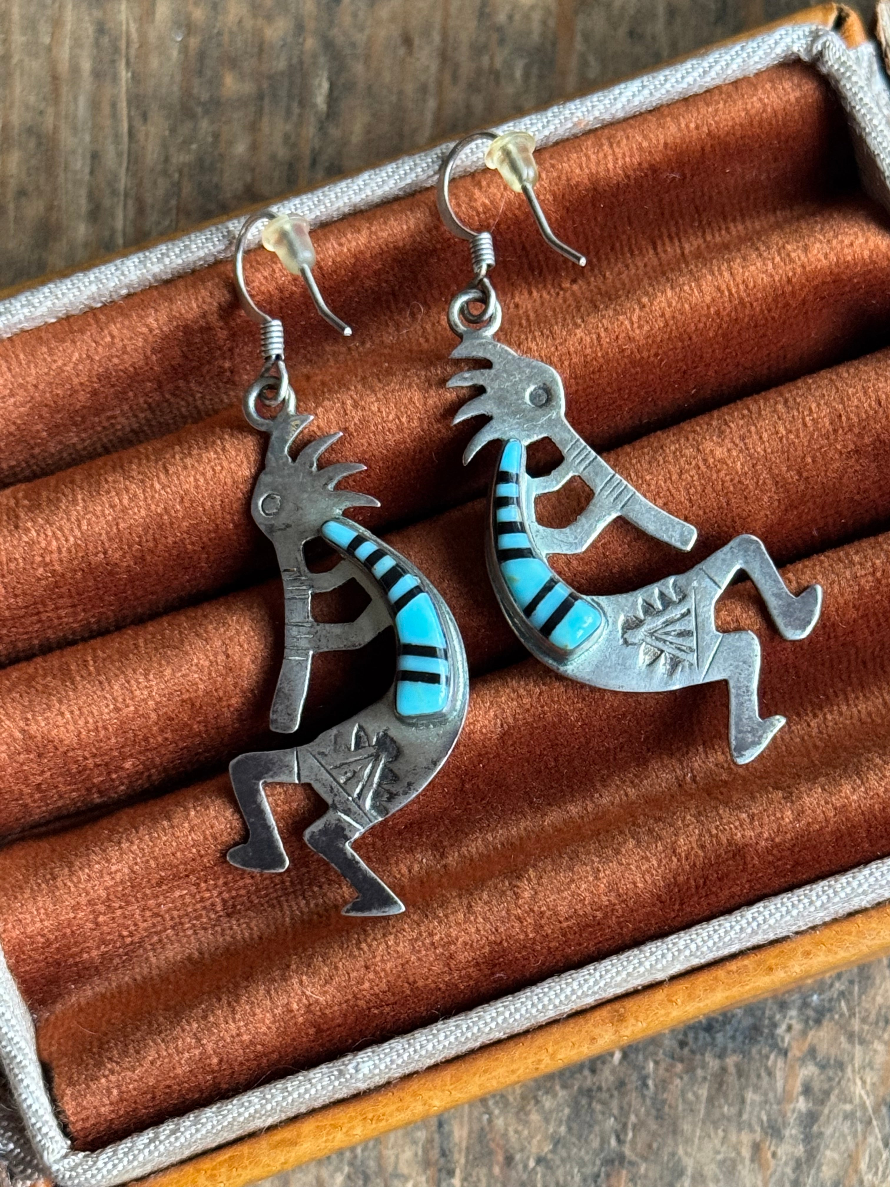 Vintage Sterling Silver Multistone Inlay Kokopelli Earrings