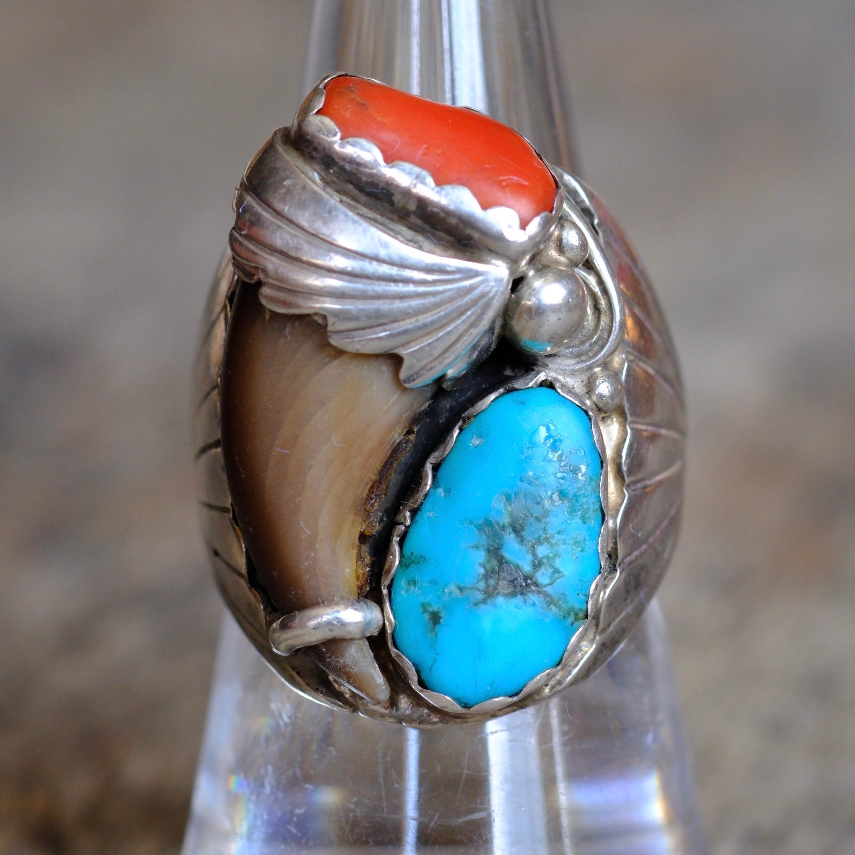 Vintage Sterling Turquoise and Coral Claw Ring 8.25