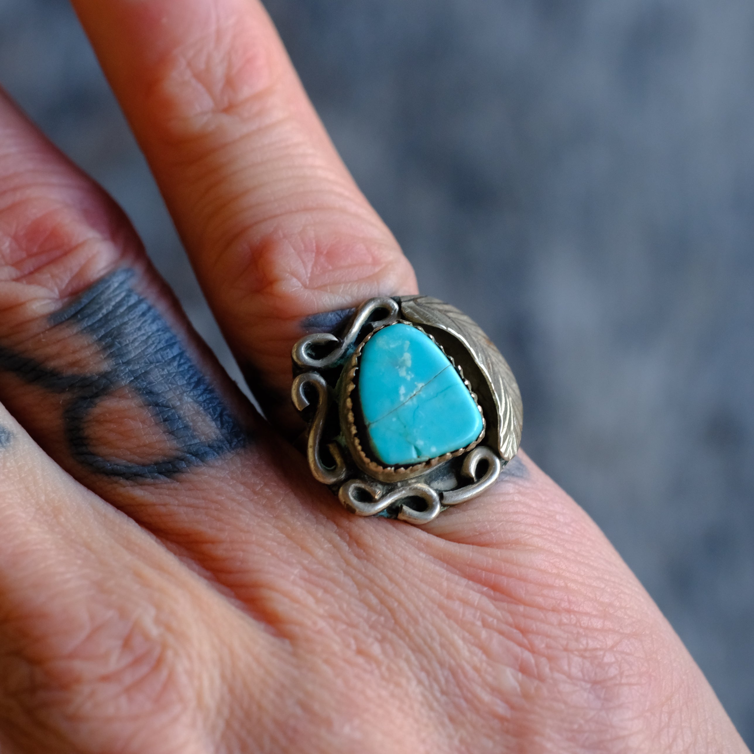 Vintage Sterling Turquoise Feather Ring 5.5