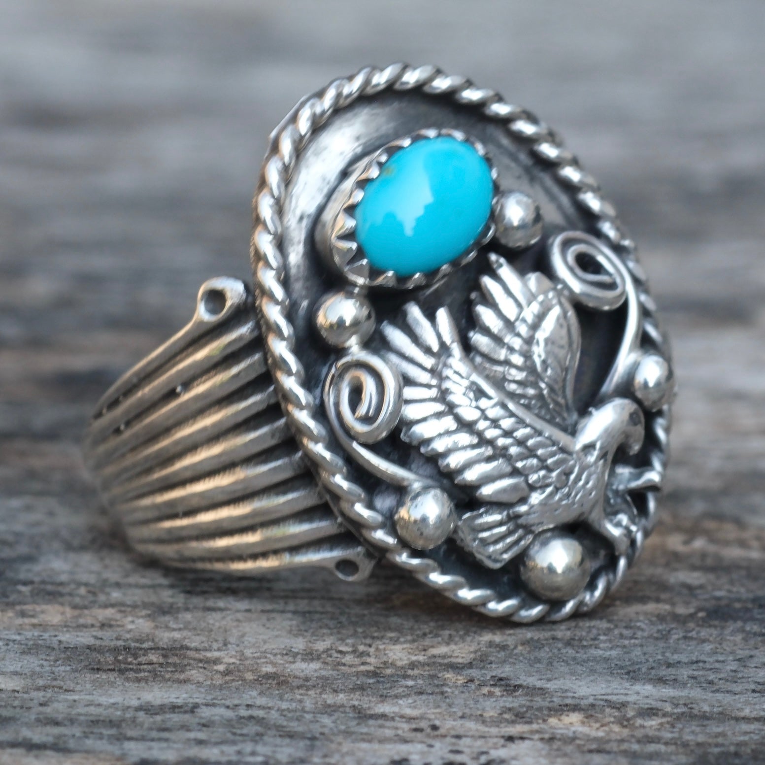 Vintage Sterling Turquoise Eagle Ring 11.5