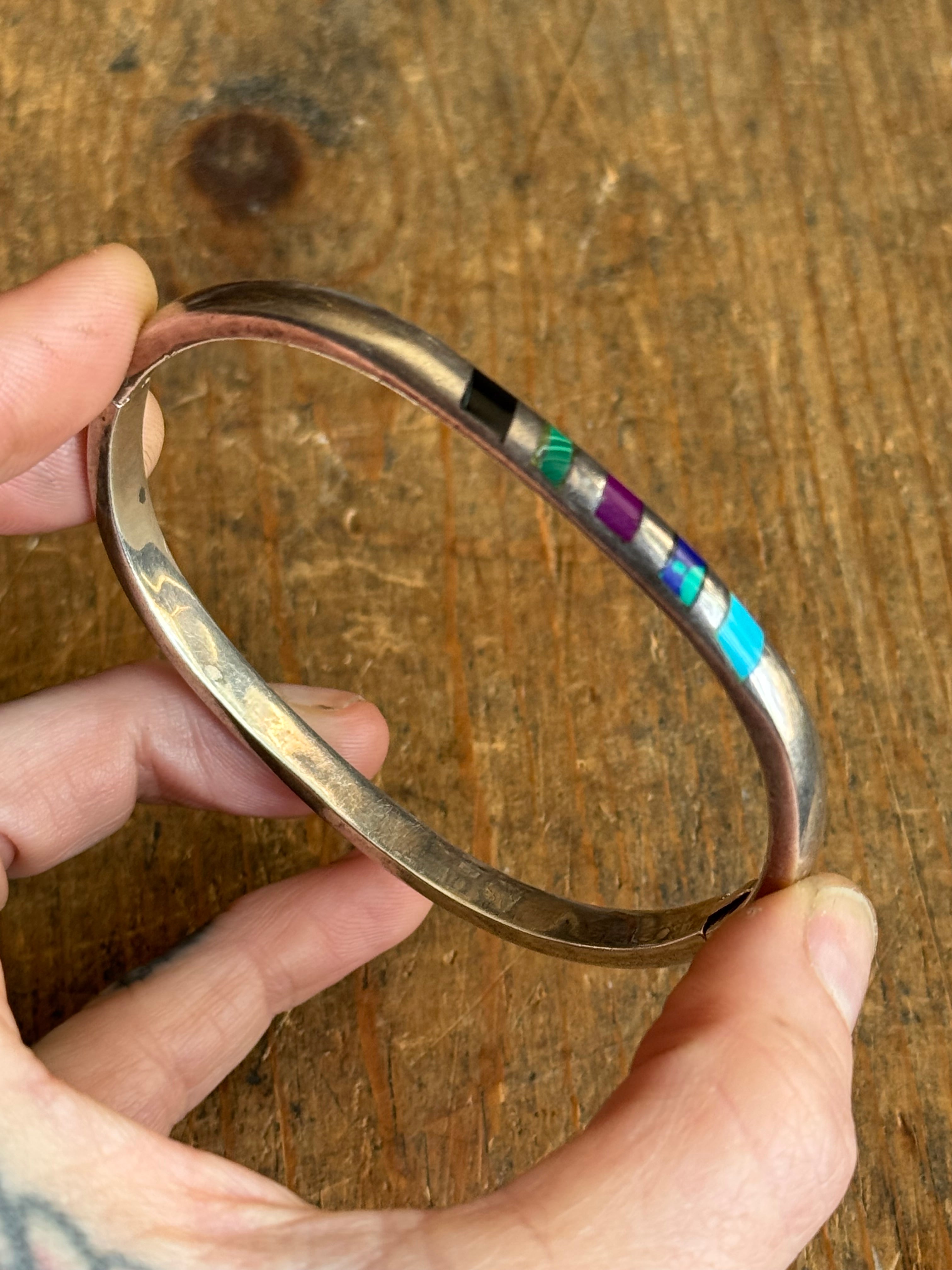 Vintage Sterling Silver Multistone Inlay Latch Bracelet
