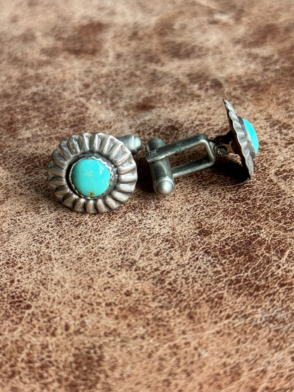 Vintage Sterling Silver Turquoise Concho Cufflinks