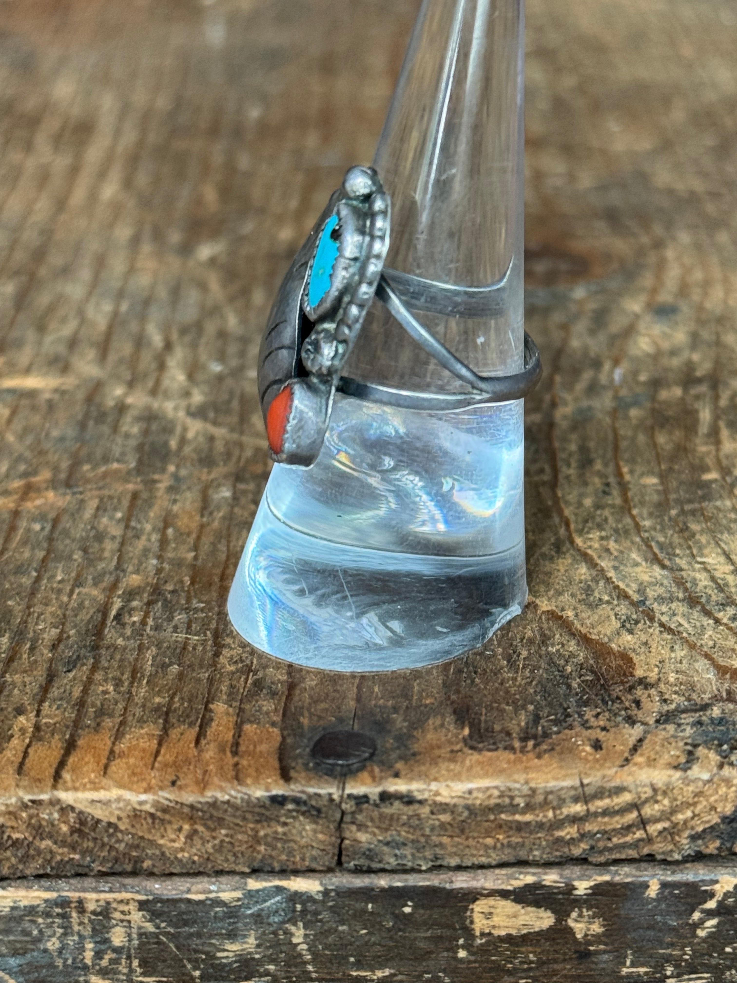 Vintage Sterling Silver Coral & Turquoise Feather Ring 7.25