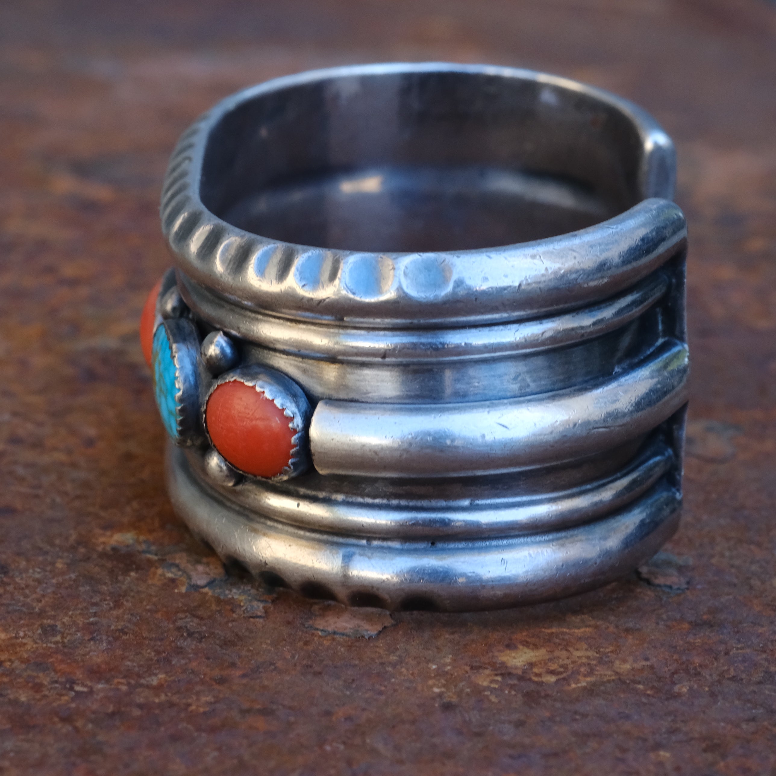 Vintage Sterling Turquoise and Coral Cuff Bracelet