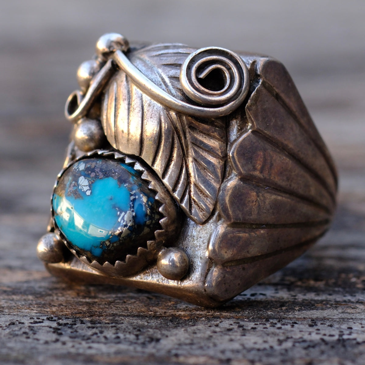 Vintage Sterling Turquoise Feather Ring 11