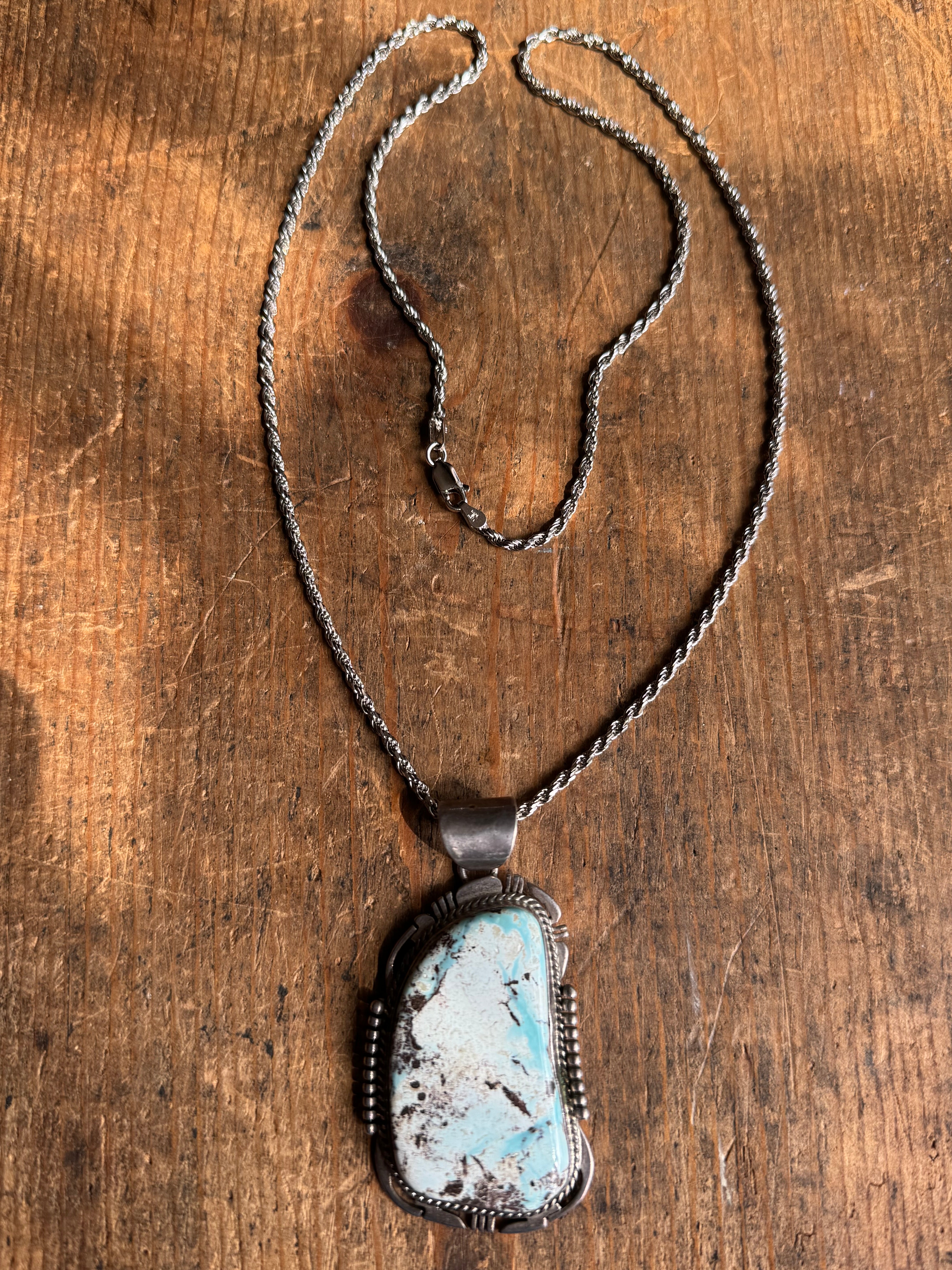 HUGE Vintage Sterling Silver Turquoise Sawcut 24" Necklace