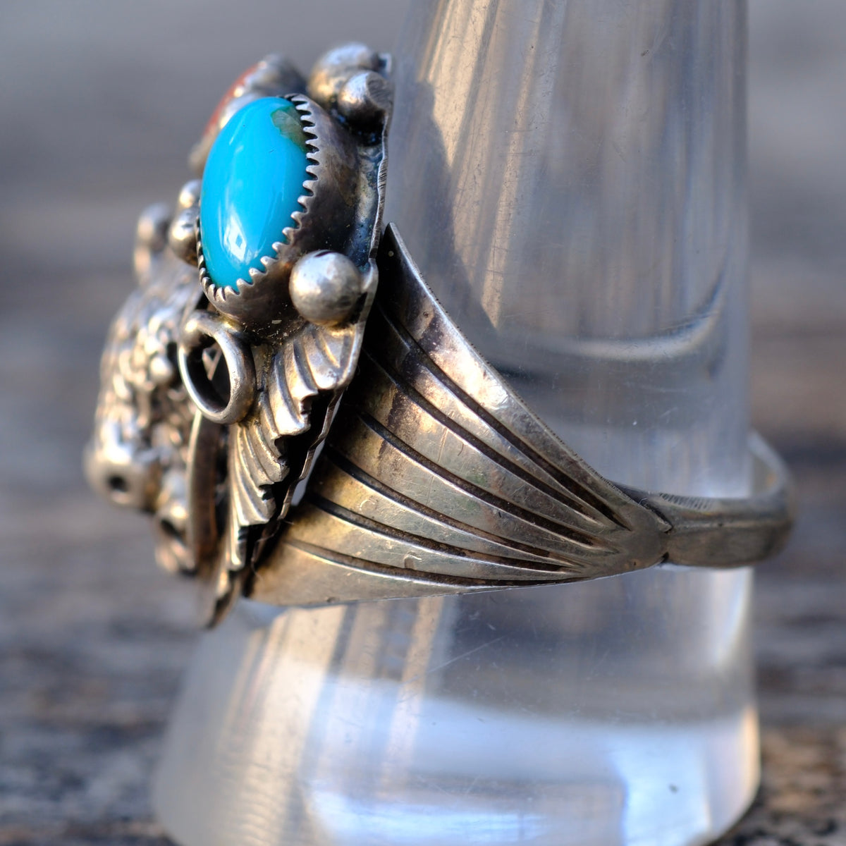 Vintage Sterling Turquoise and Coral Buffalo Ring 11