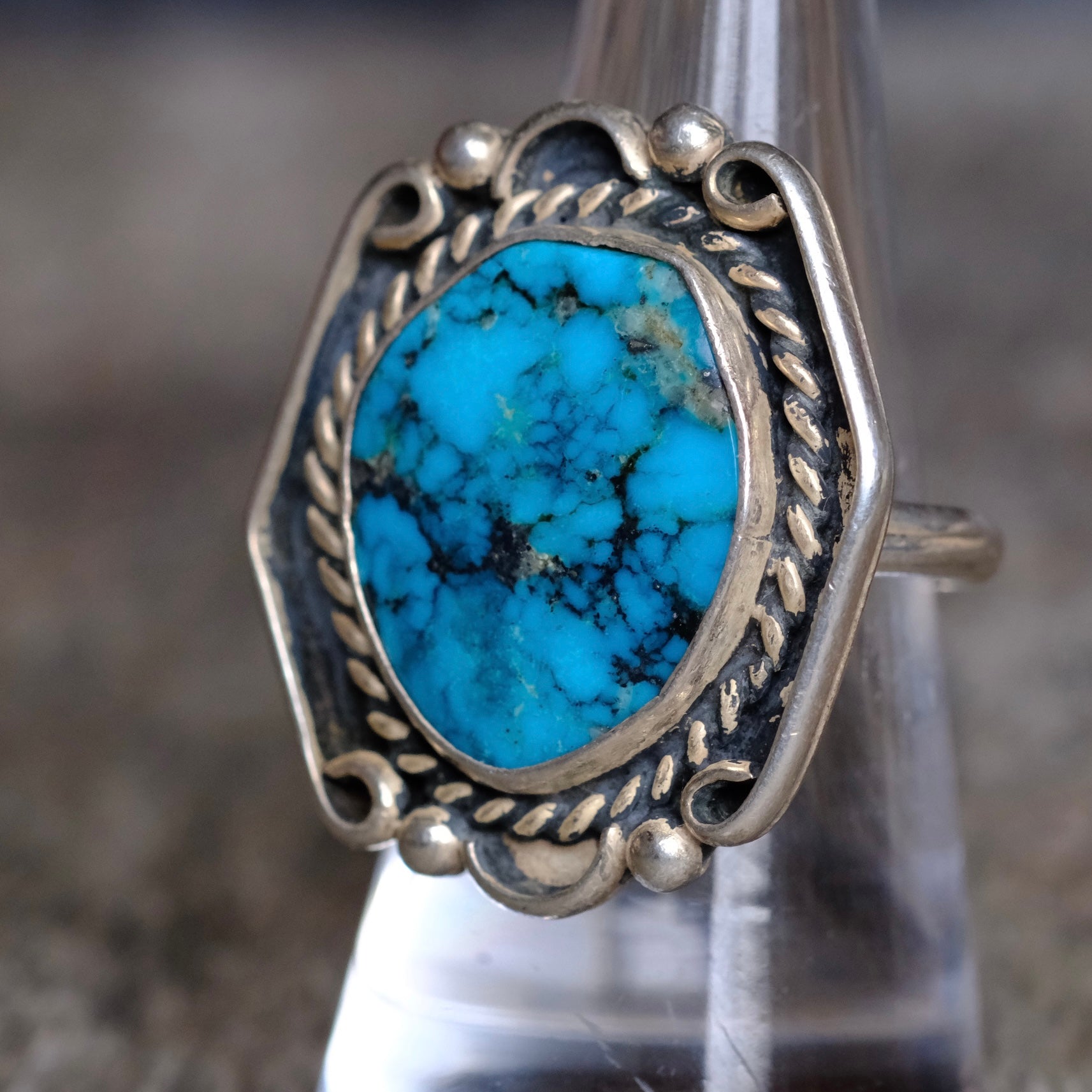 Vintage Sterling Turquoise Roper Ring 8.5