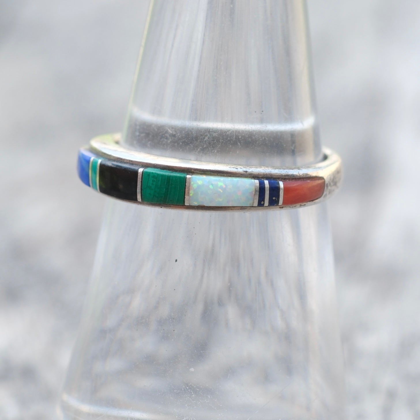 Vintage Sterling Multistone Inlay Band Ring 6.5