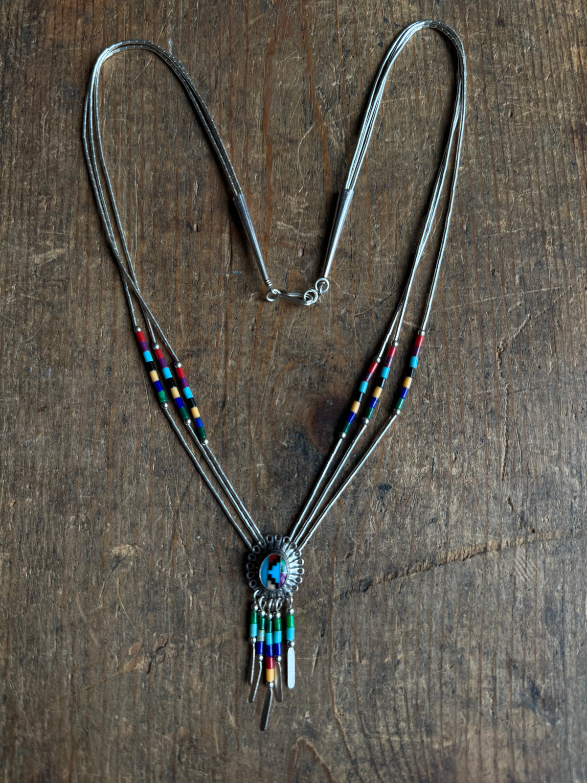Vintage Sterling Silver Liquid Silver Beaded Multistone Inlay Concho Necklace