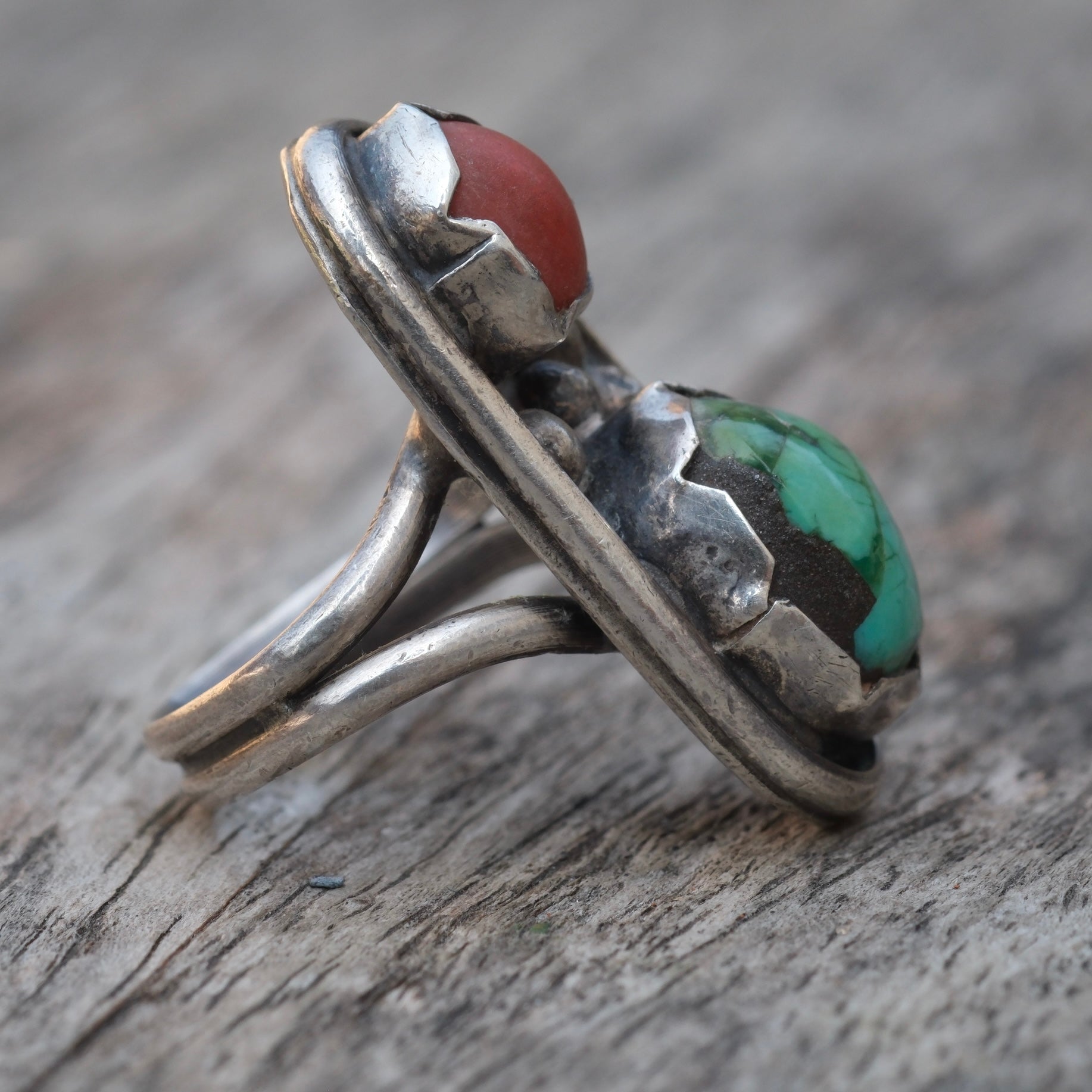 Vintage Sterling Turquoise and Coral Ring 3.5