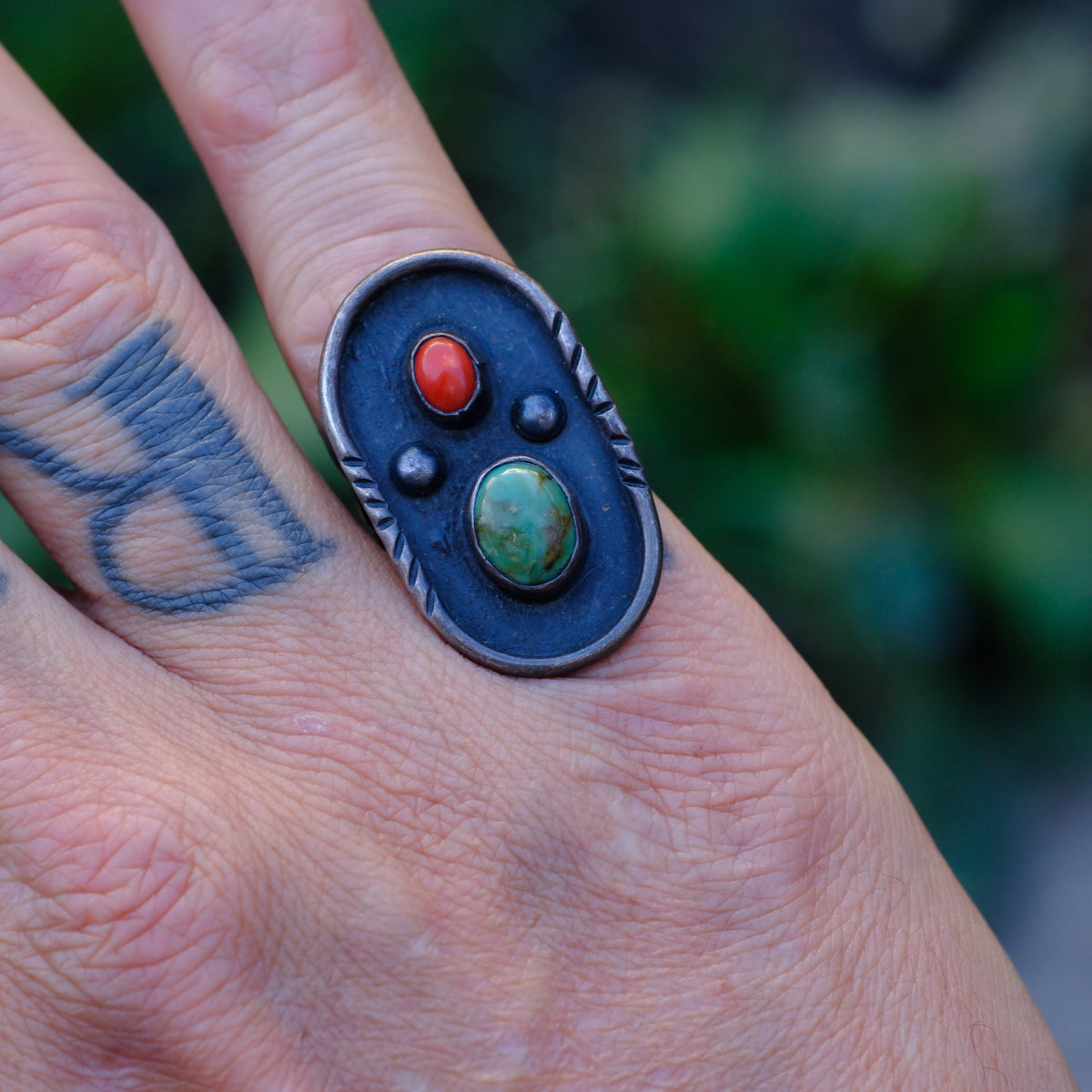 Vintage Sterling Turquoise and Coral Ring 6.25