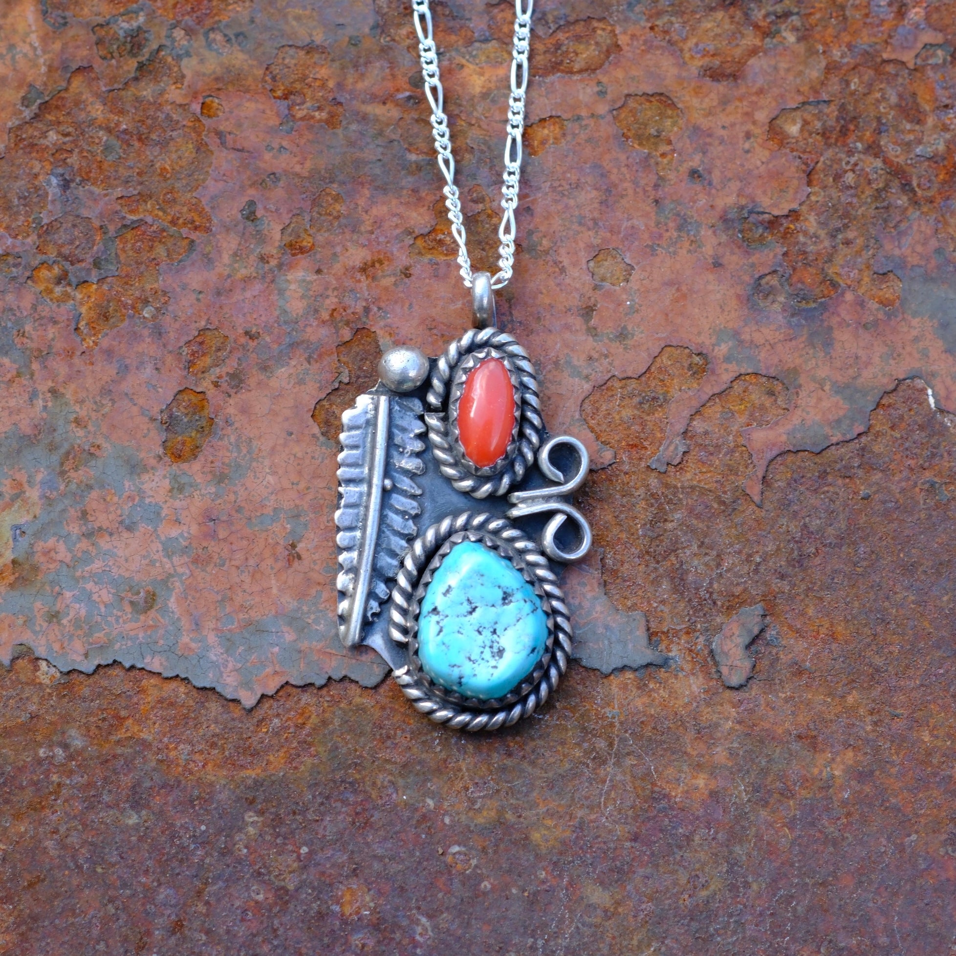 Vintage Sterling Silver Turquoise & Coral Feather Necklace